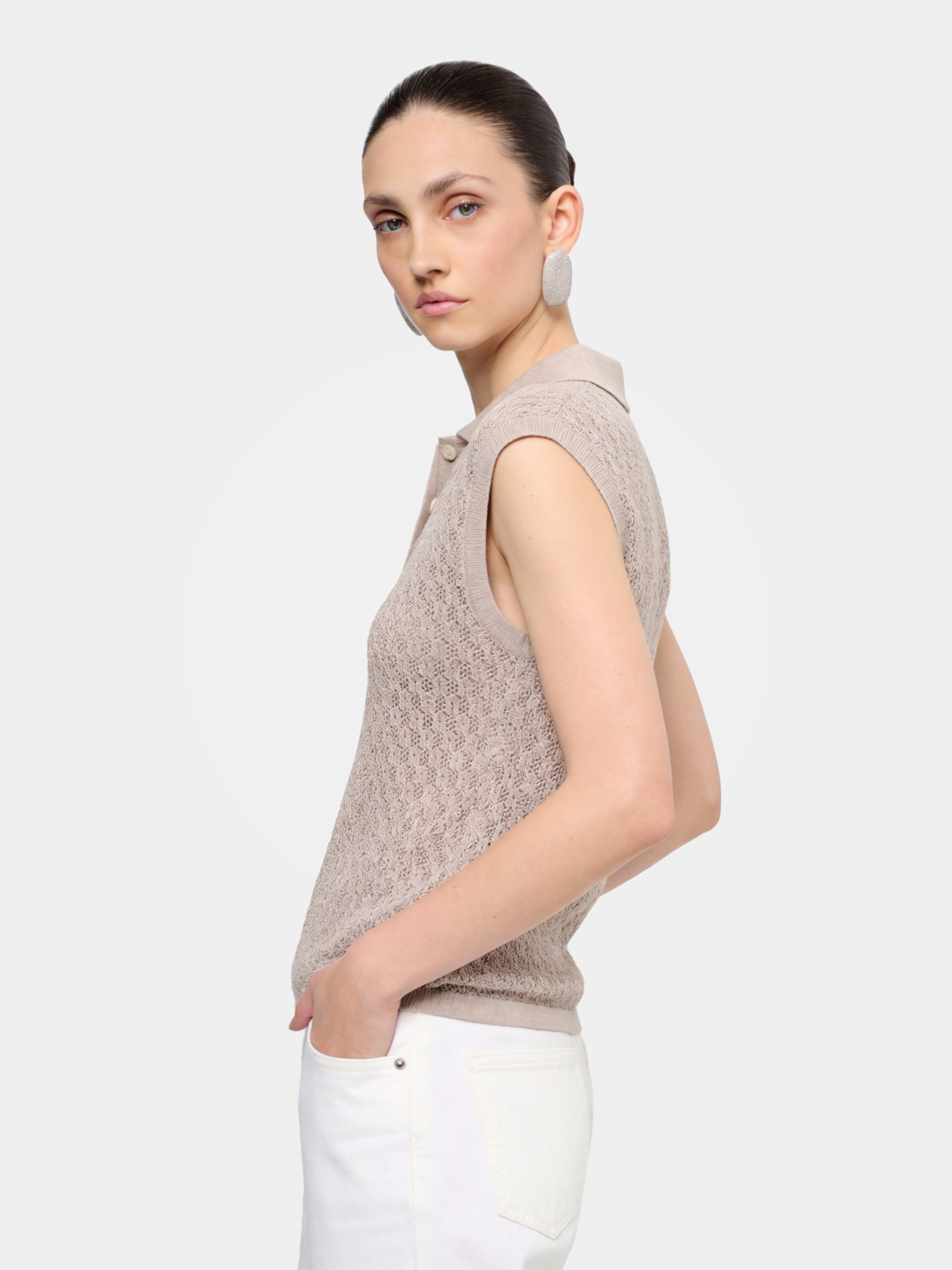Breathable Cotton Textured Knit Polo Sleeveless Top