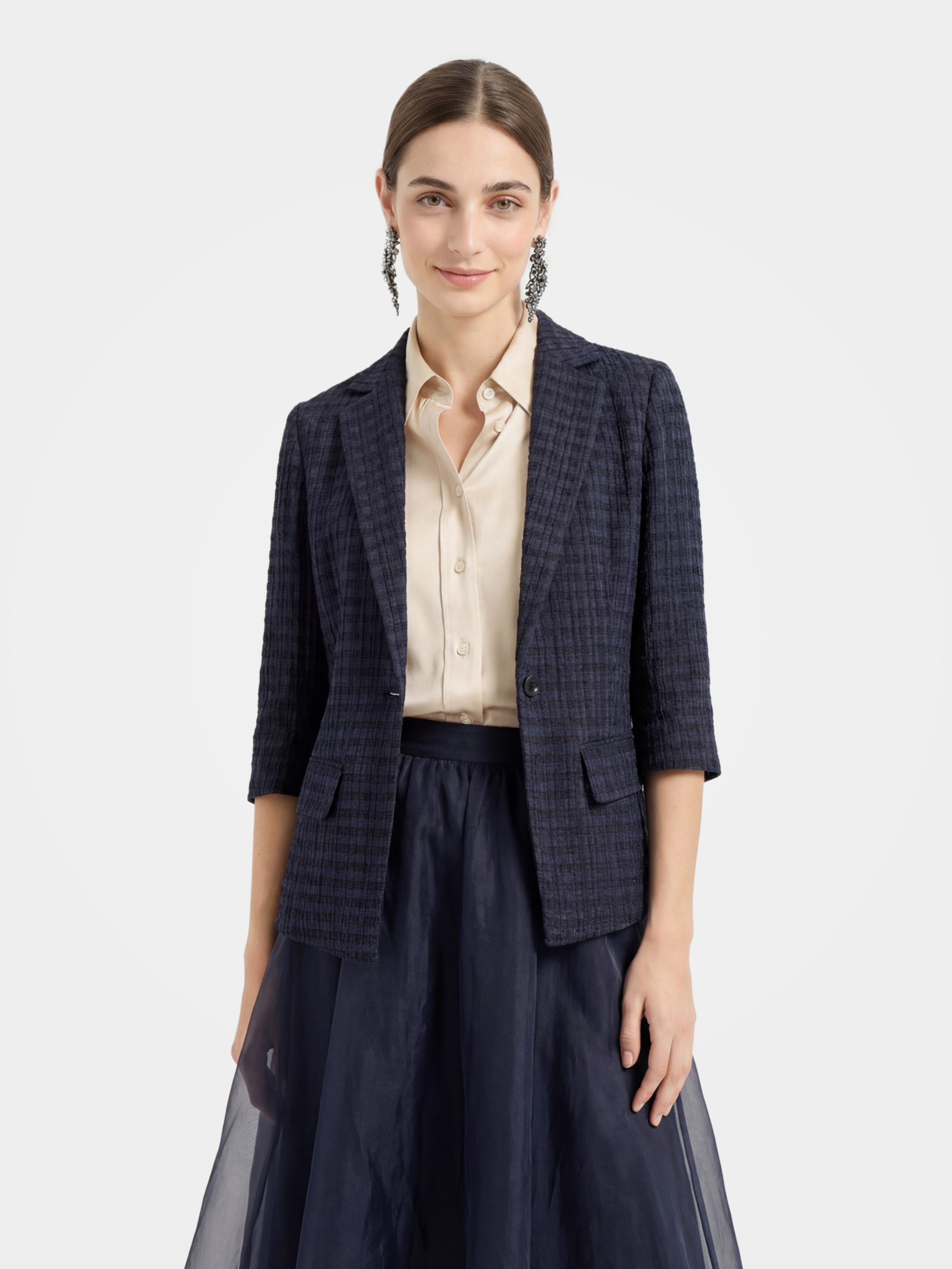 Breathable Mulberry Silk Blend Plaid Tailored Blazer