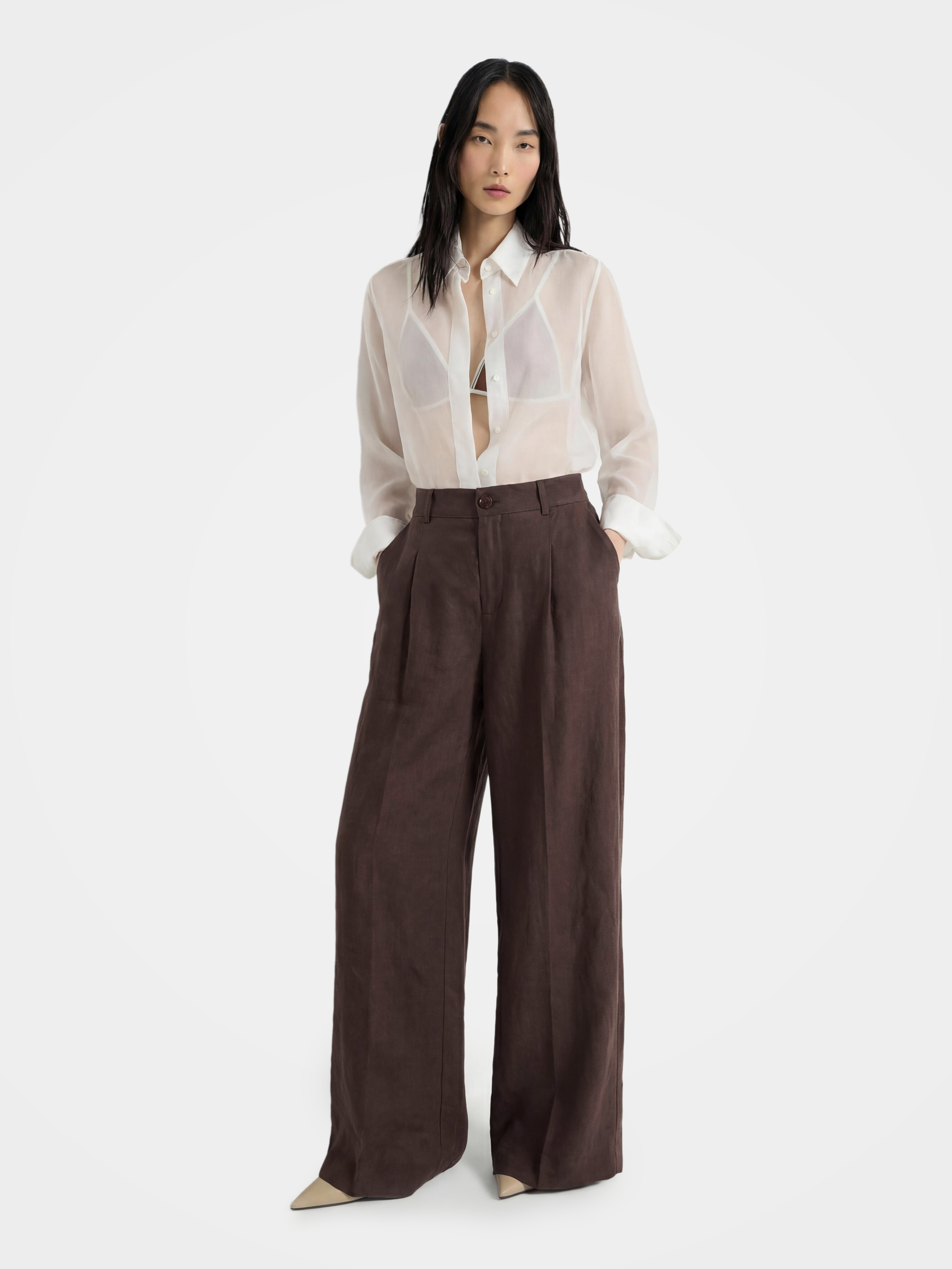 Structured Drape Linen-Blend Wide Leg Pant with Pockets