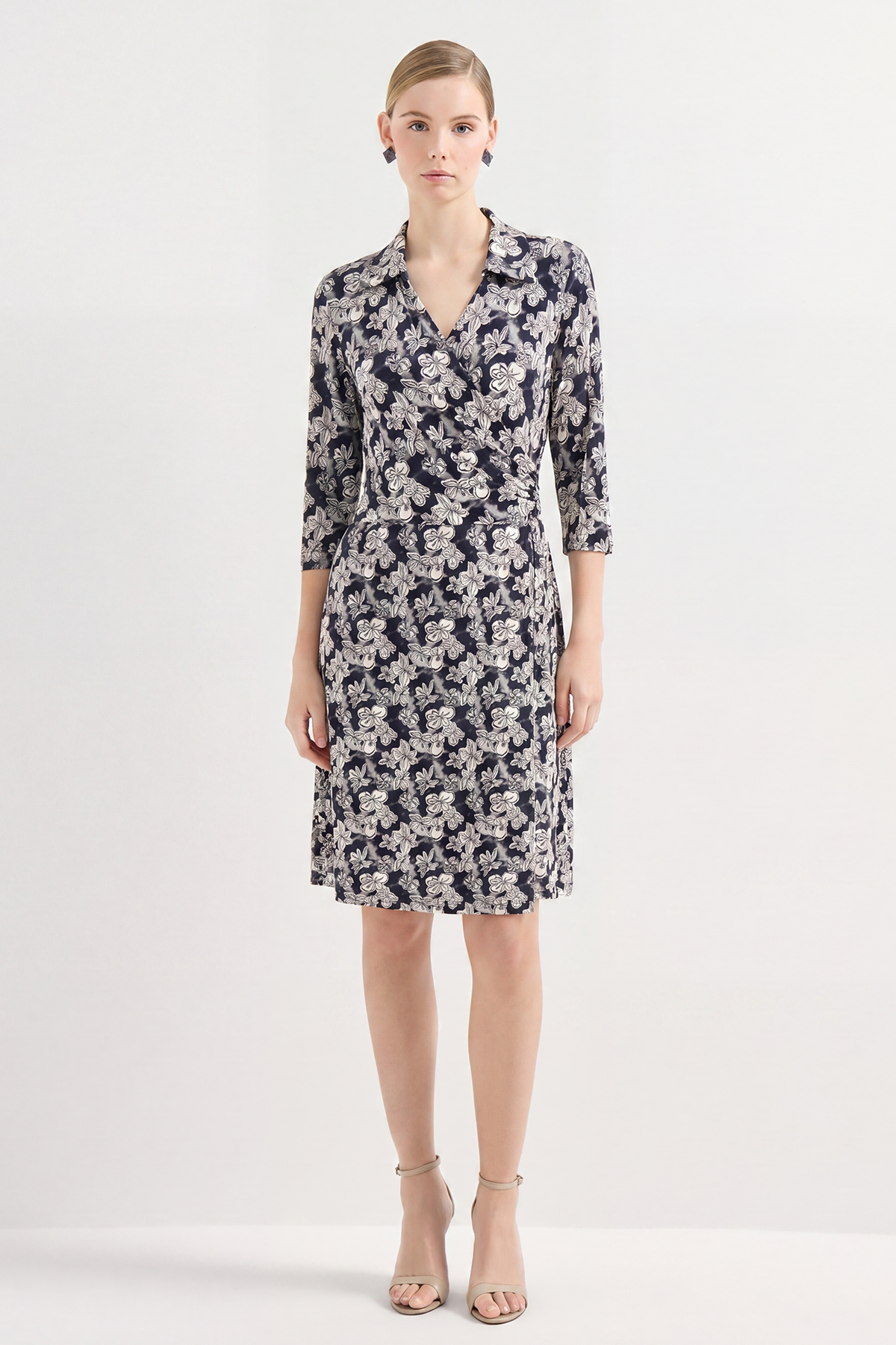 Black Silk Print Wrap Knee Length Shirt Dress