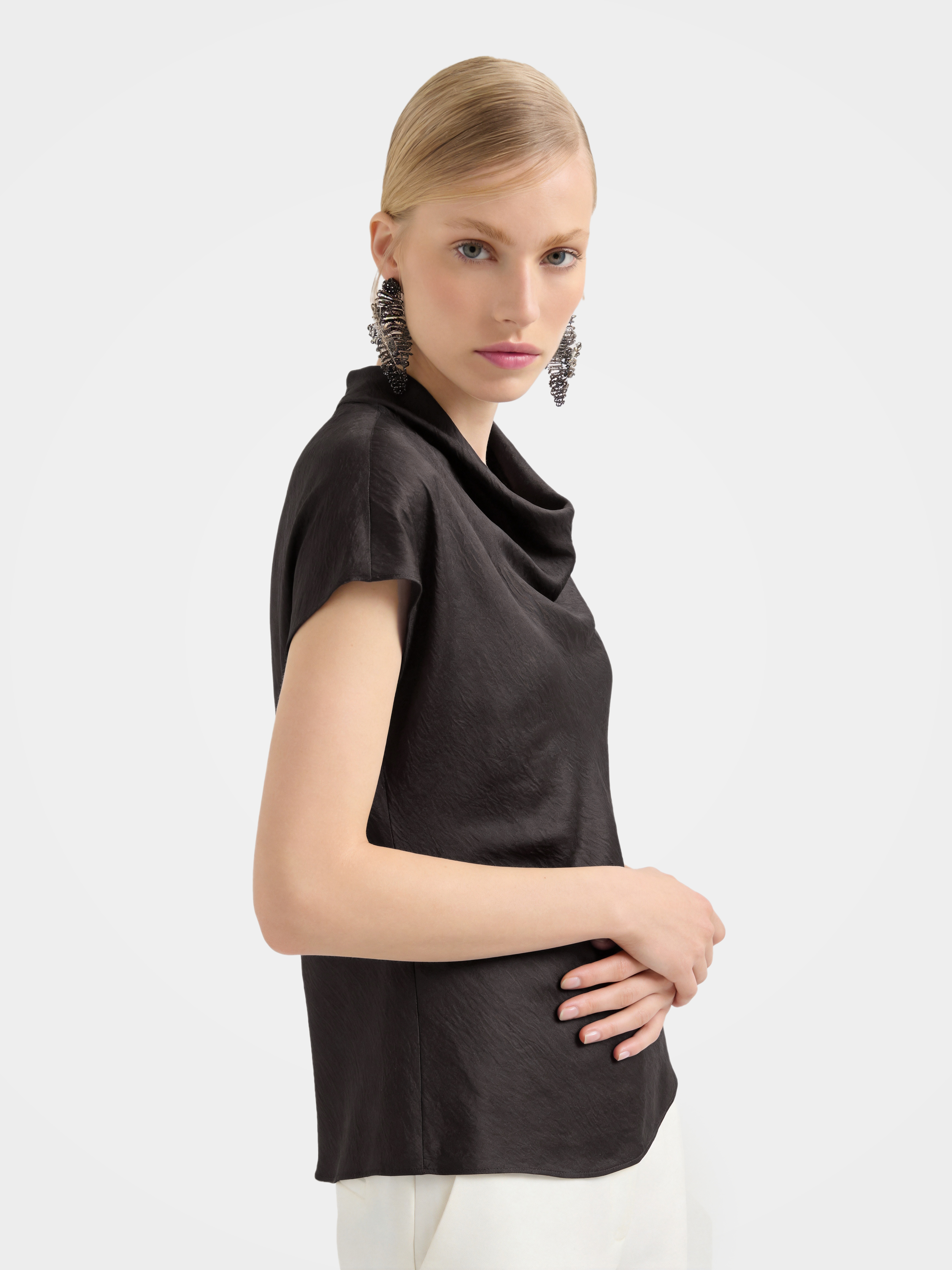 100% Mulberry Silk Cowl Neck Short Sleeve Top