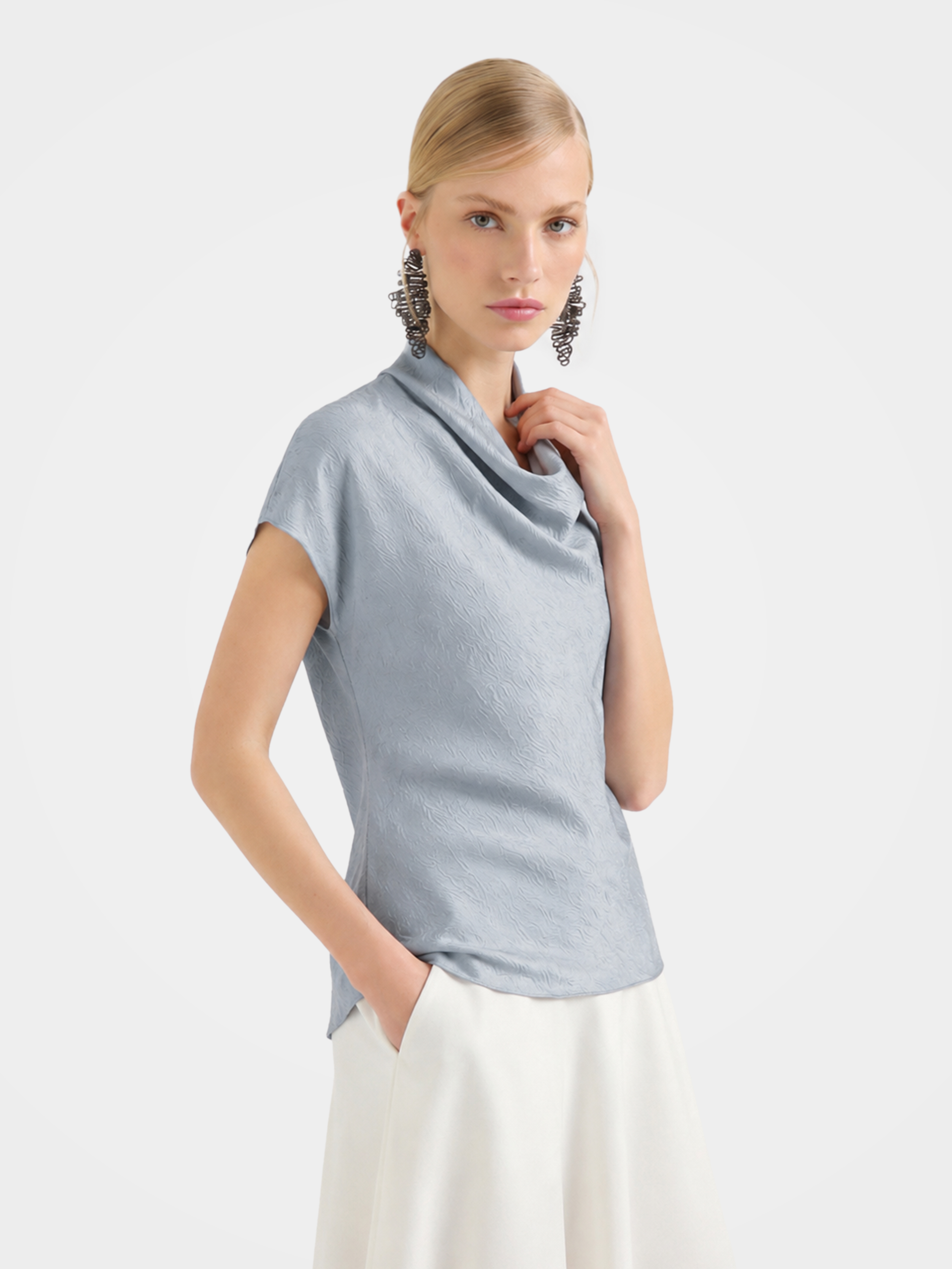 100% Mulberry Silk Cowl Neck Short Sleeve Top