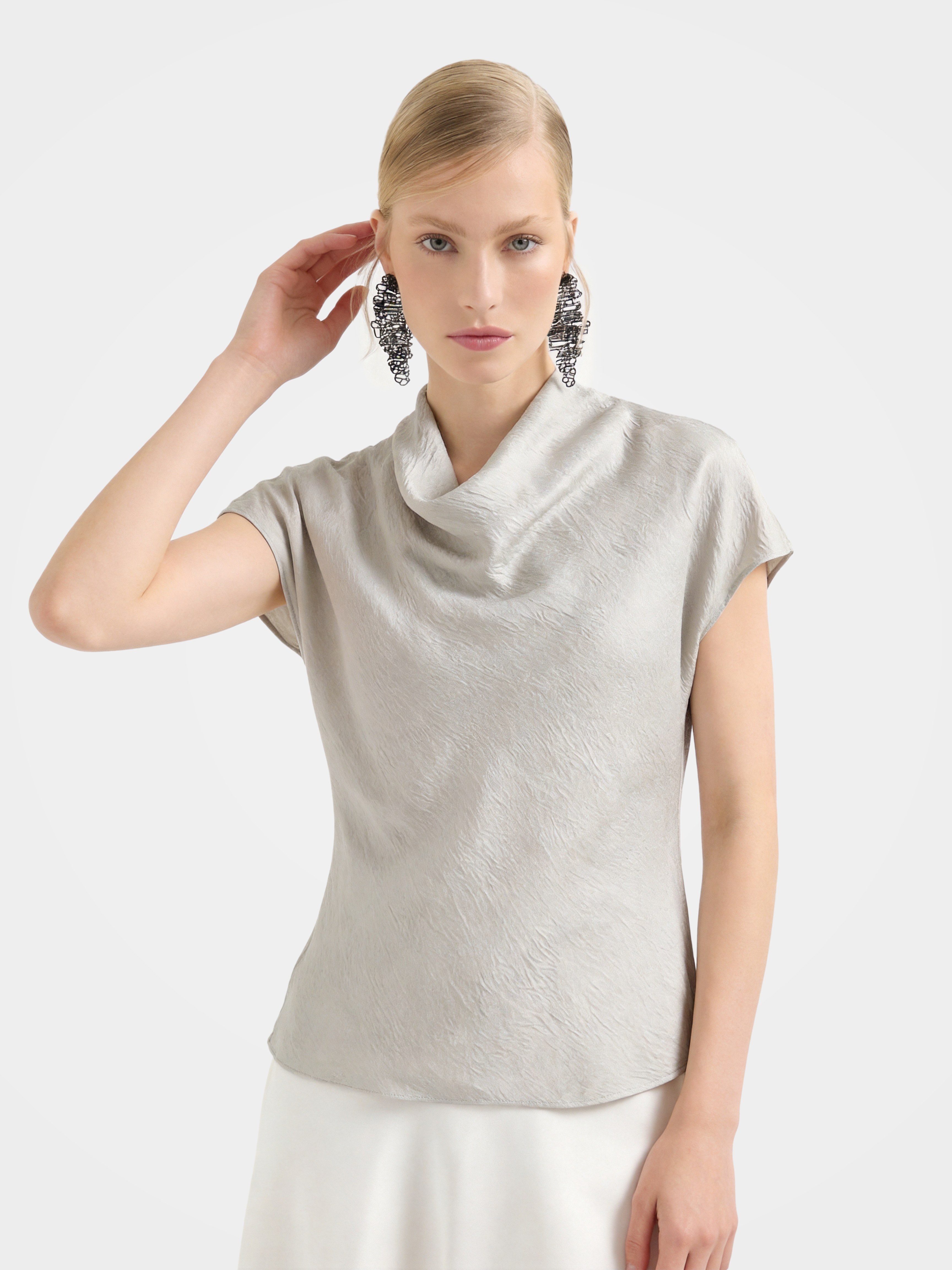 100% Mulberry Silk Cowl Neck Short Sleeve Top