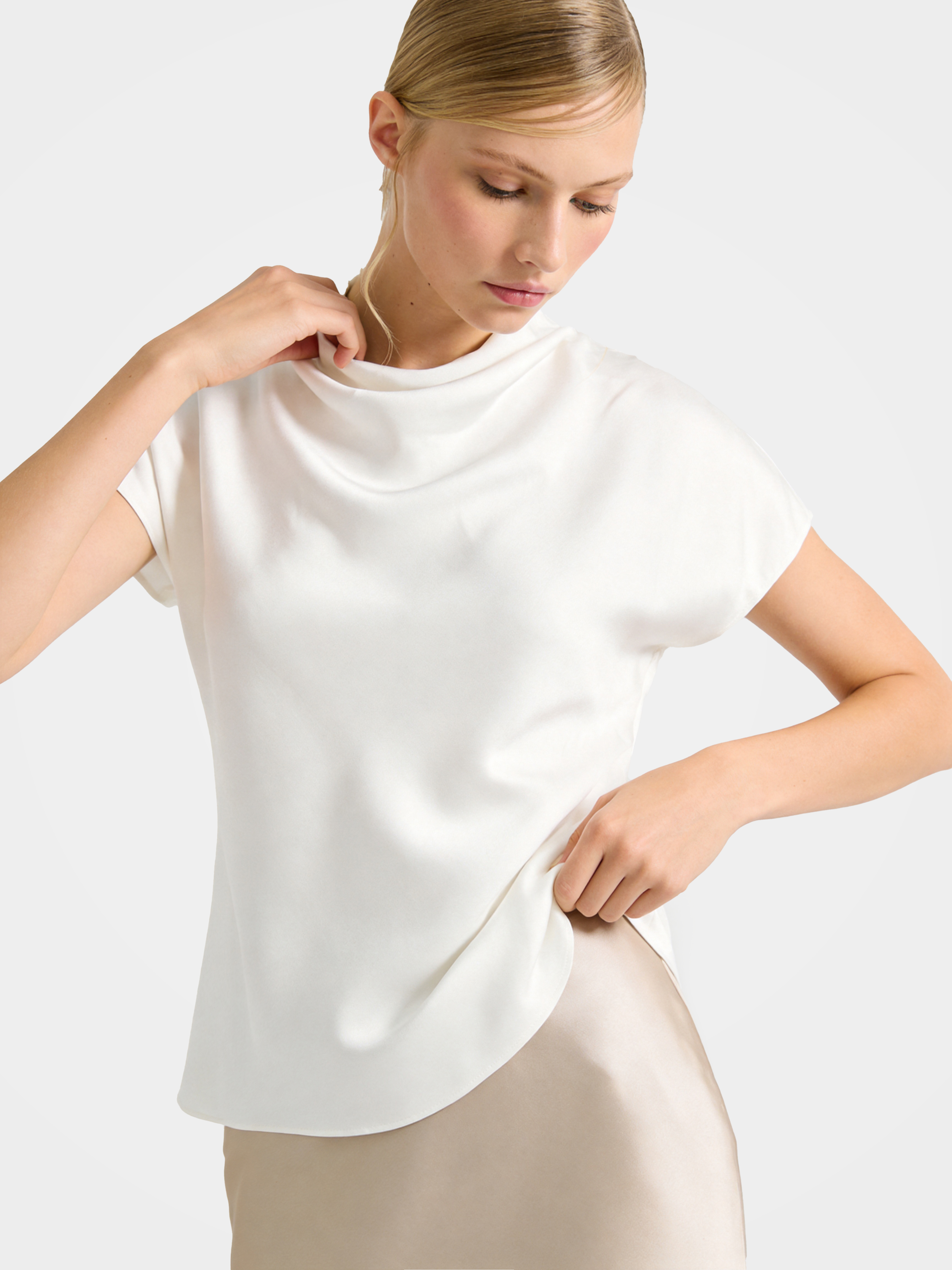 100% Mulberry Silk Cowl Neck Short Sleeve Top