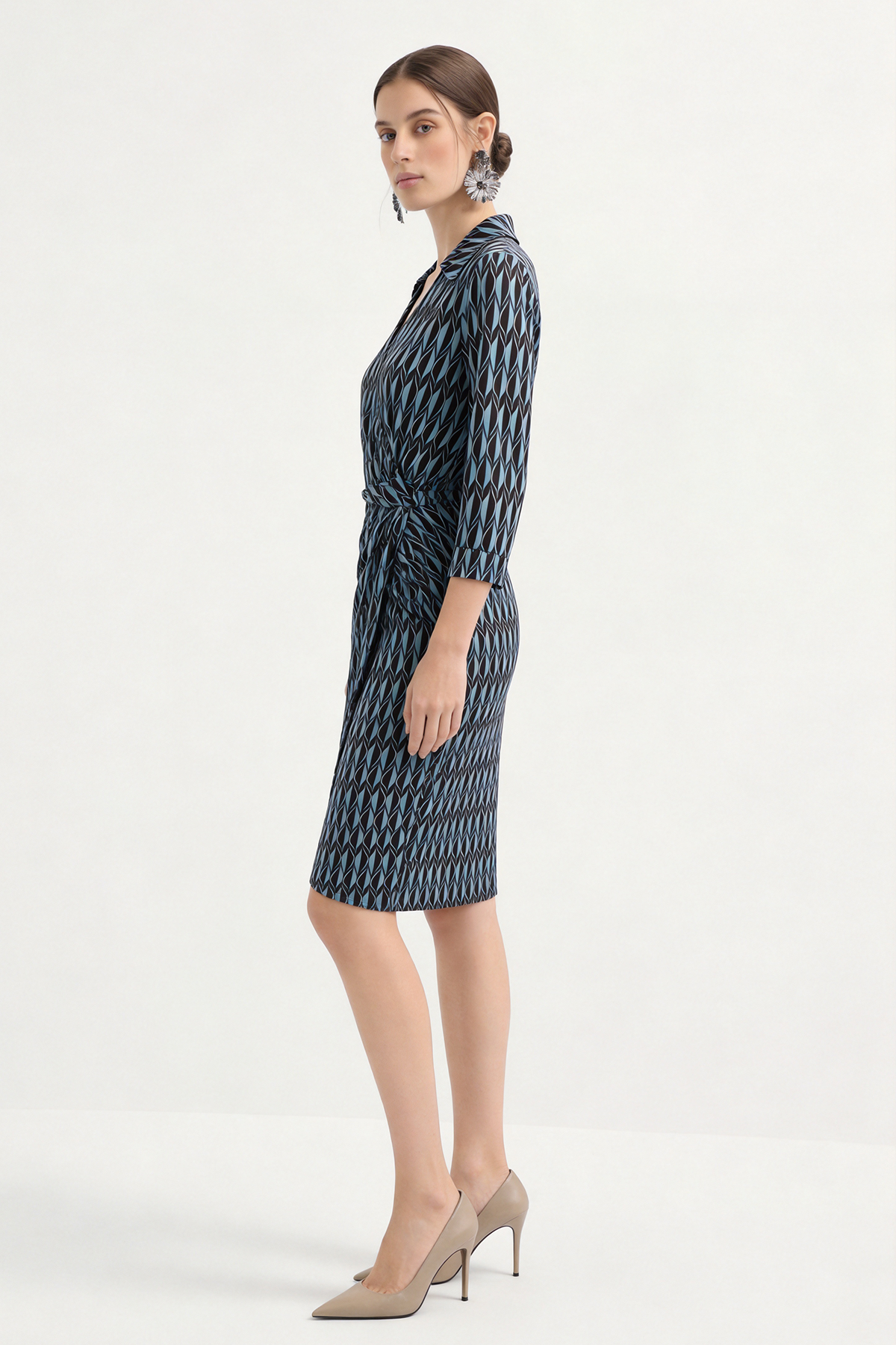 Blue Silk Shirt Print Knee Length Wrap Dress