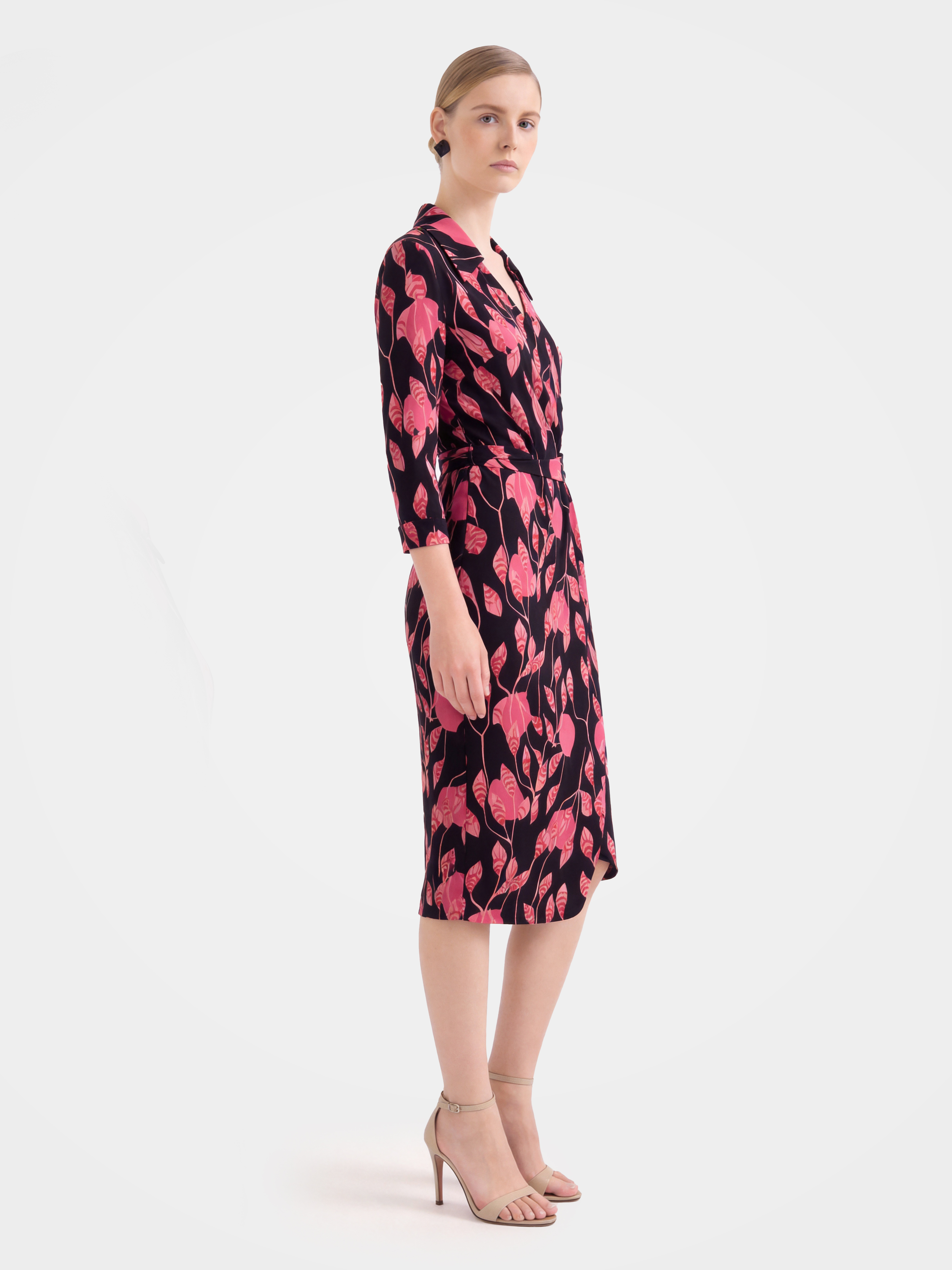 Luxury 100% Mulberry Silk Leaf Wrap Midi Dress