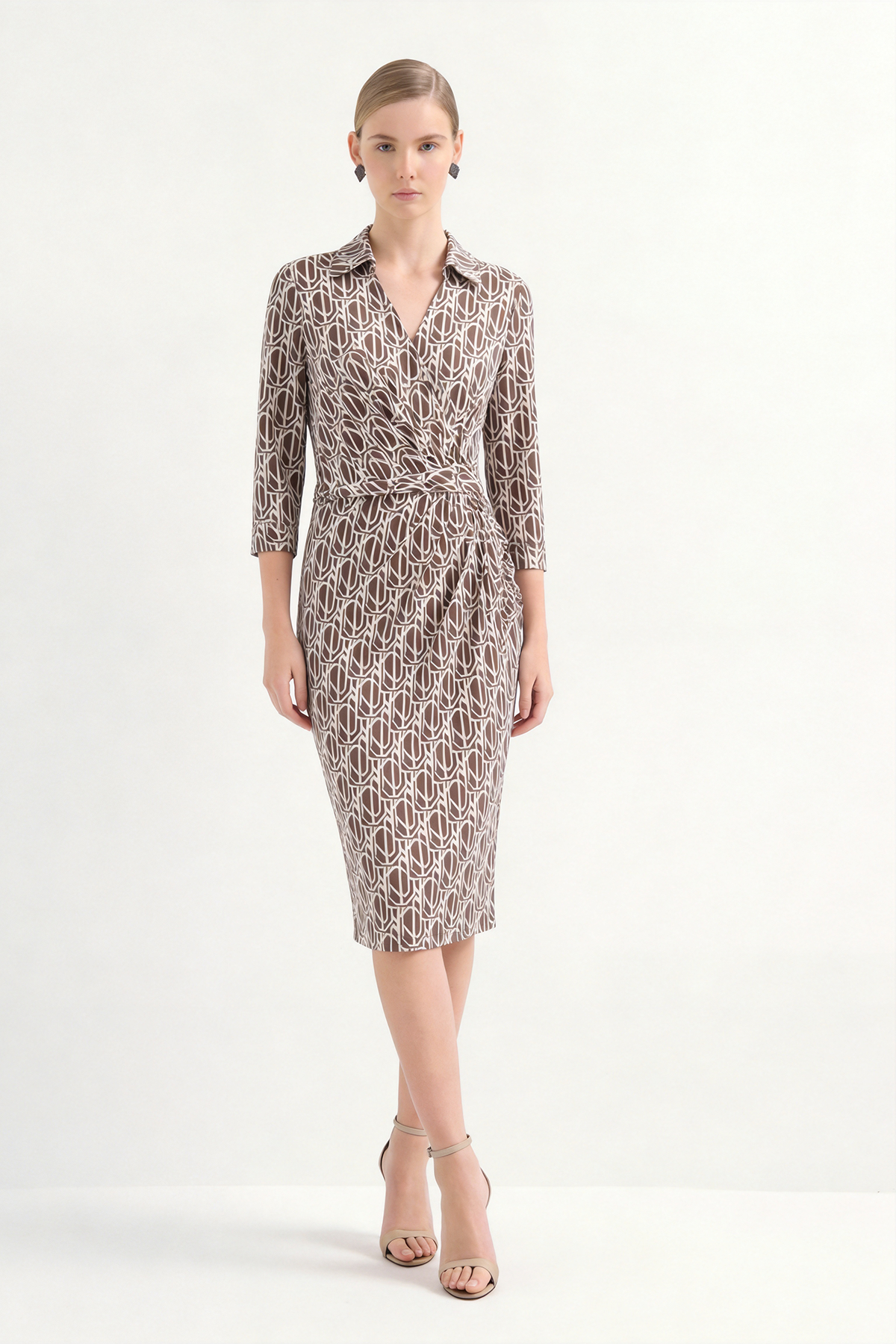 Brown Silk Shirt Print Knee-Length Dress