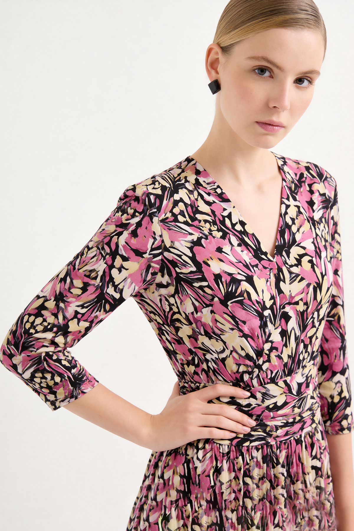 Fuchsia Silk Floral Print Knee-Length Dress
