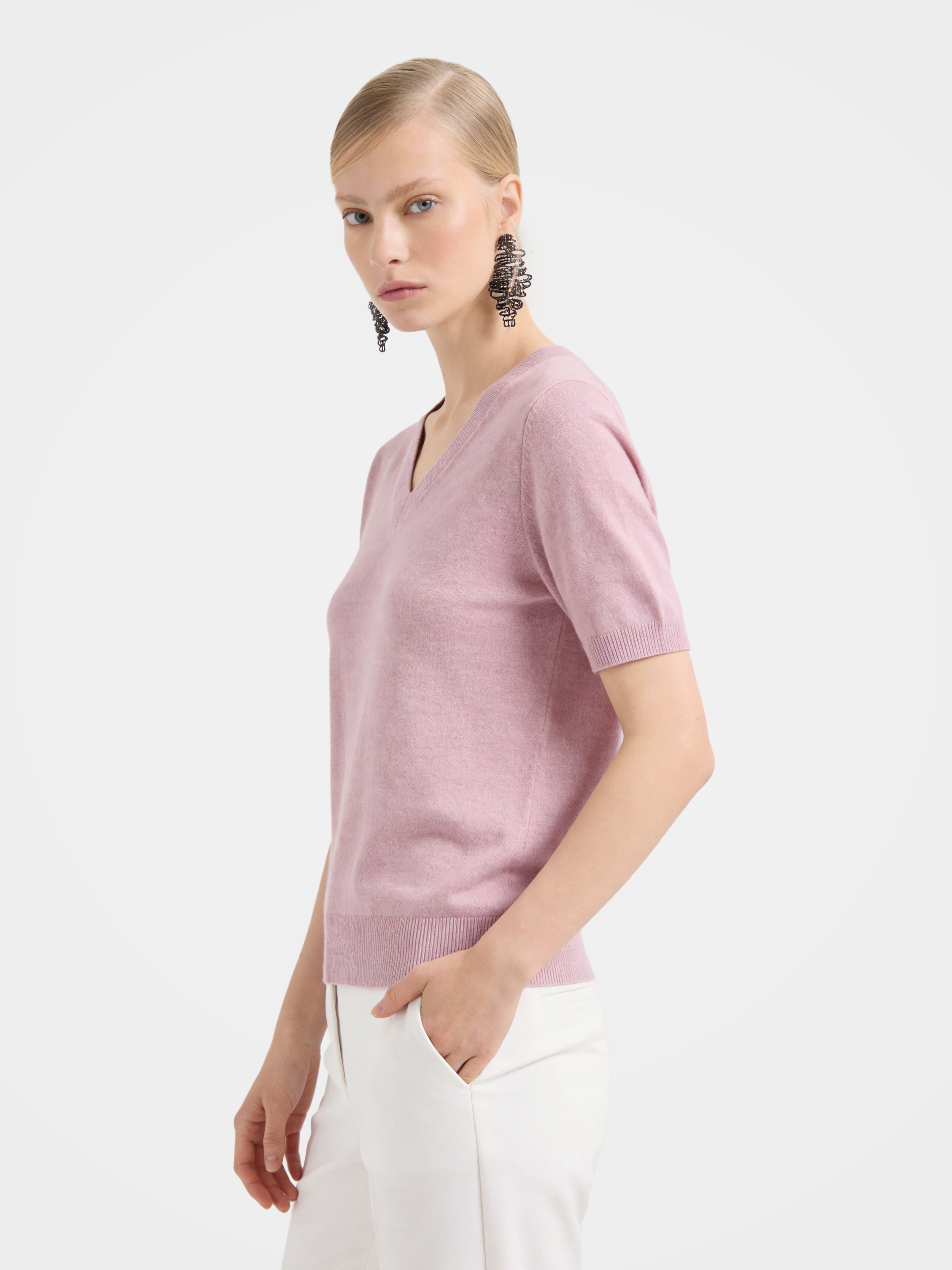 Lightweight Cashmere V Neck Short Sleeve Sweater