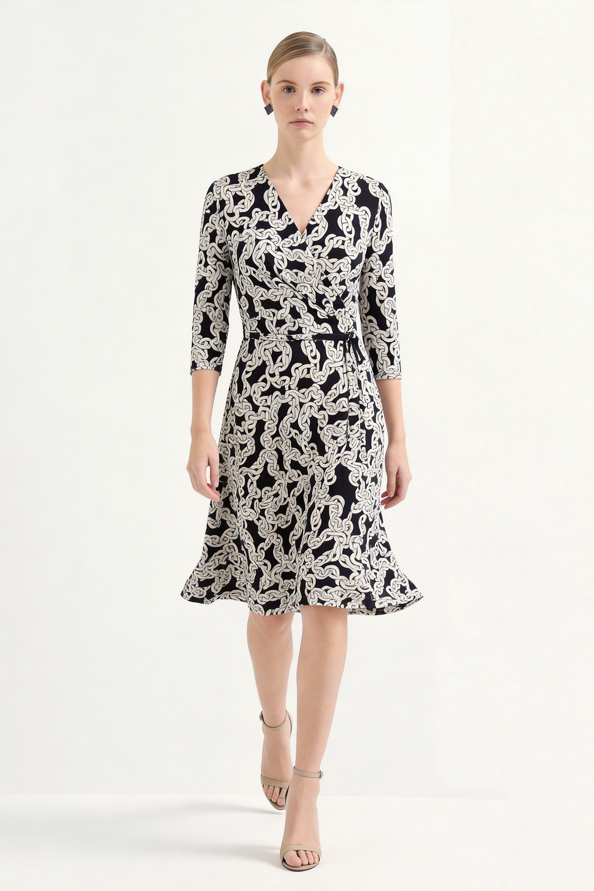 Black Silk Print Knee-Length Wrap Dress