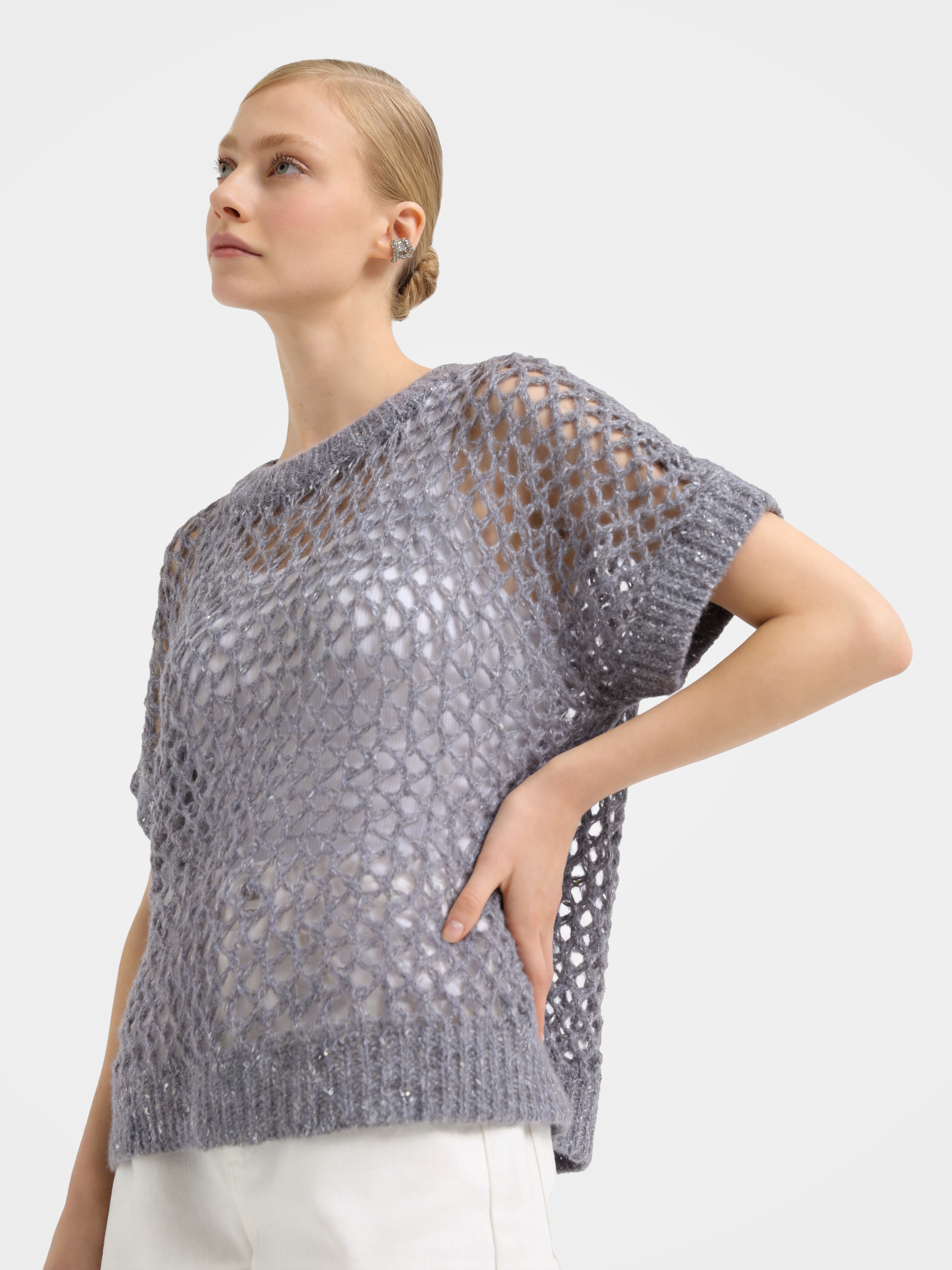 Mongolian Cashmere Short Sleeve  Openwork knit Top
