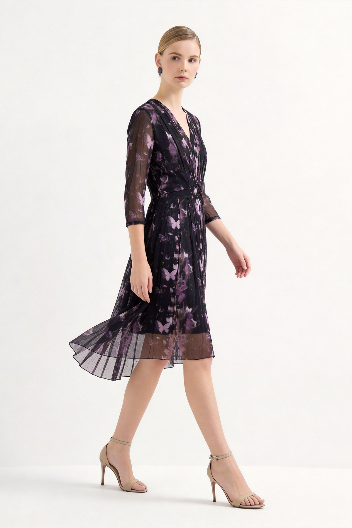Purple Silk Floral Print Knee-Length Mesh Dress