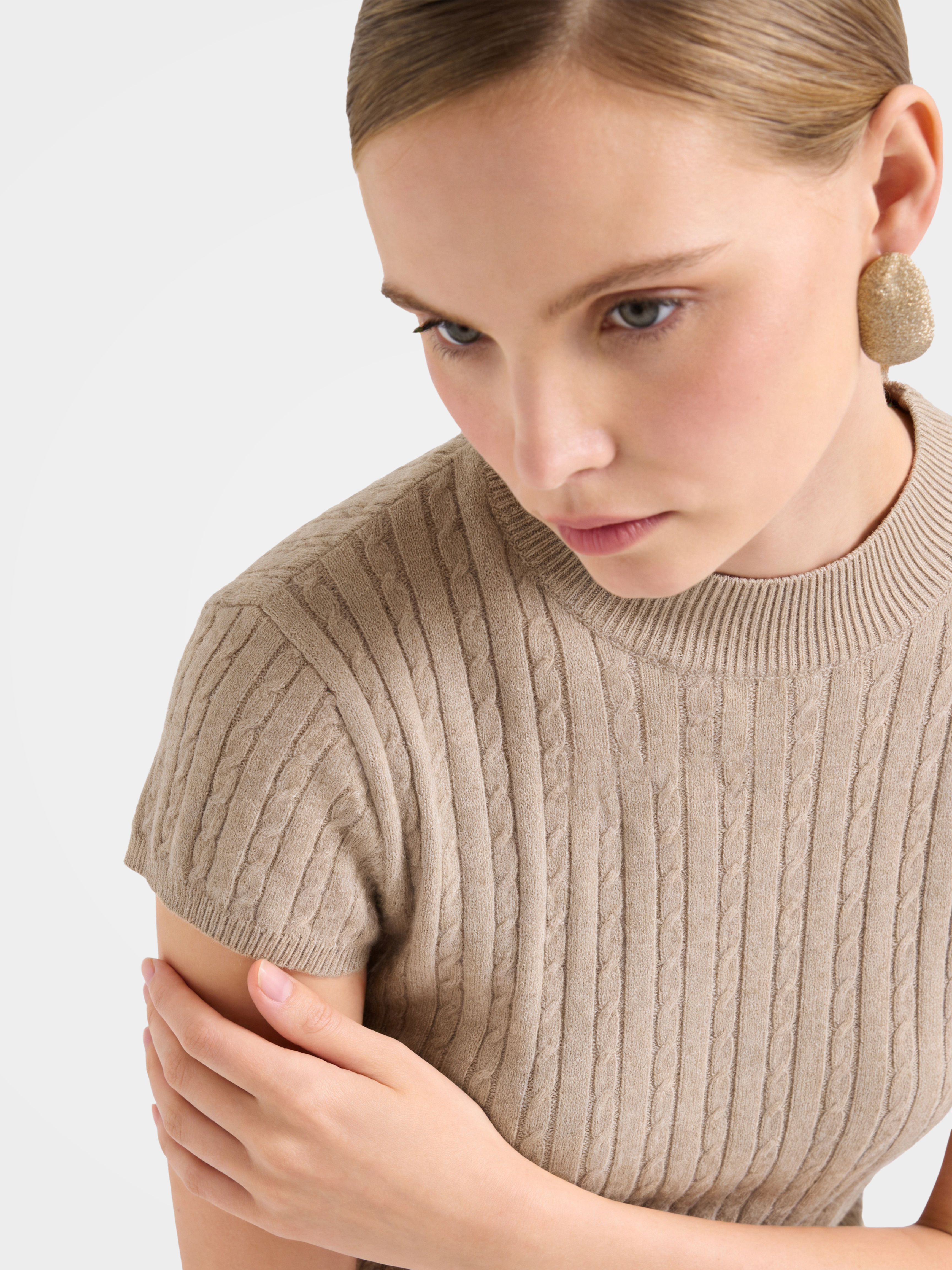 Wool Cashmere Blend Ribbed Metallic Knit Short Sleeve Top