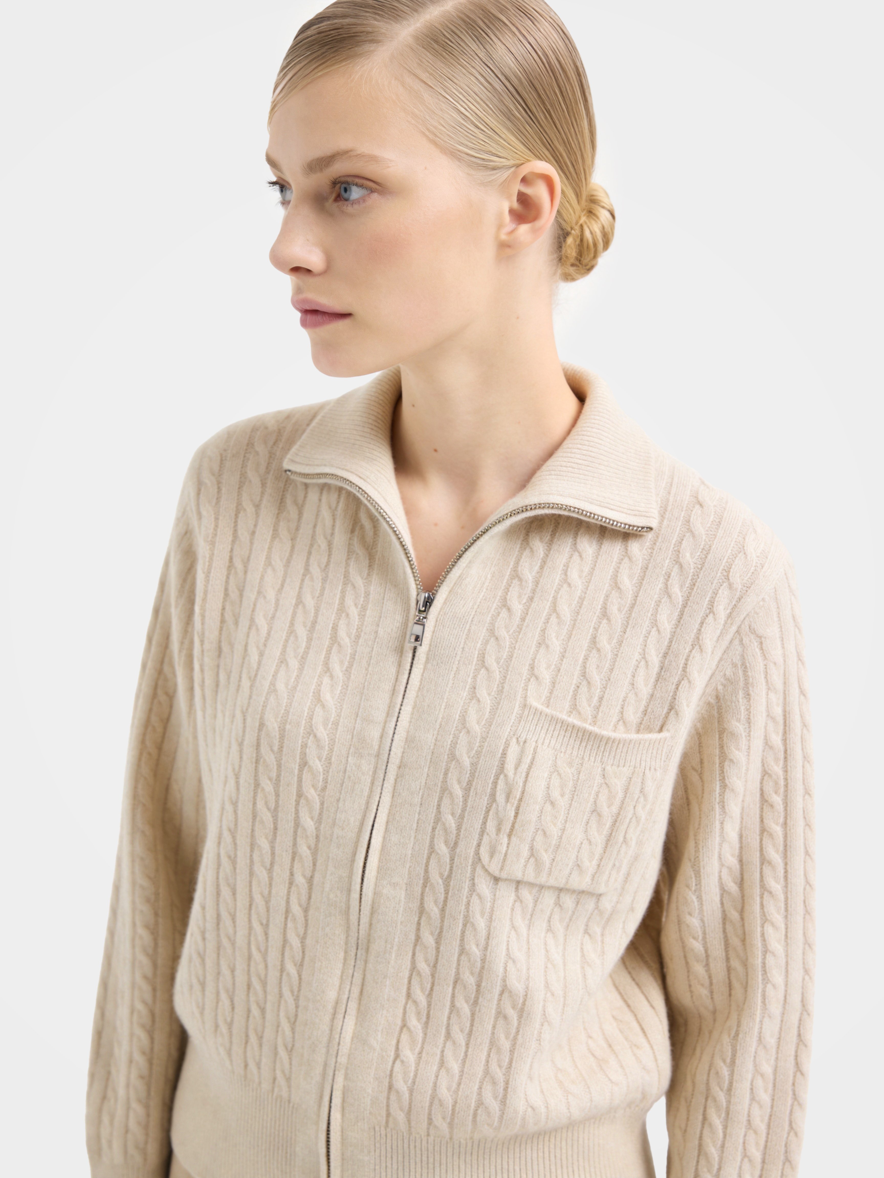 100% Mongolian Cashmere Knit Collared Cable Cardigan