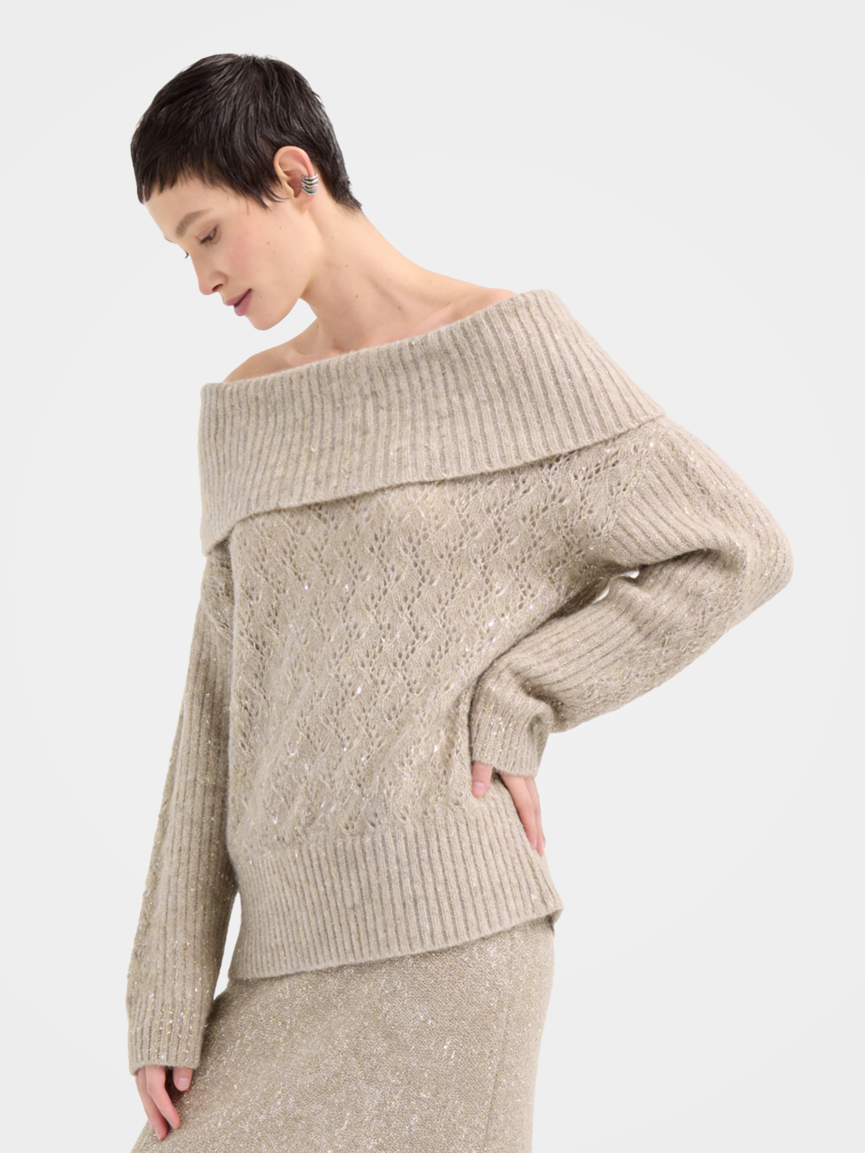 Lightweight Mongolian Cashmere Off Shoulder Sequins Knit Top