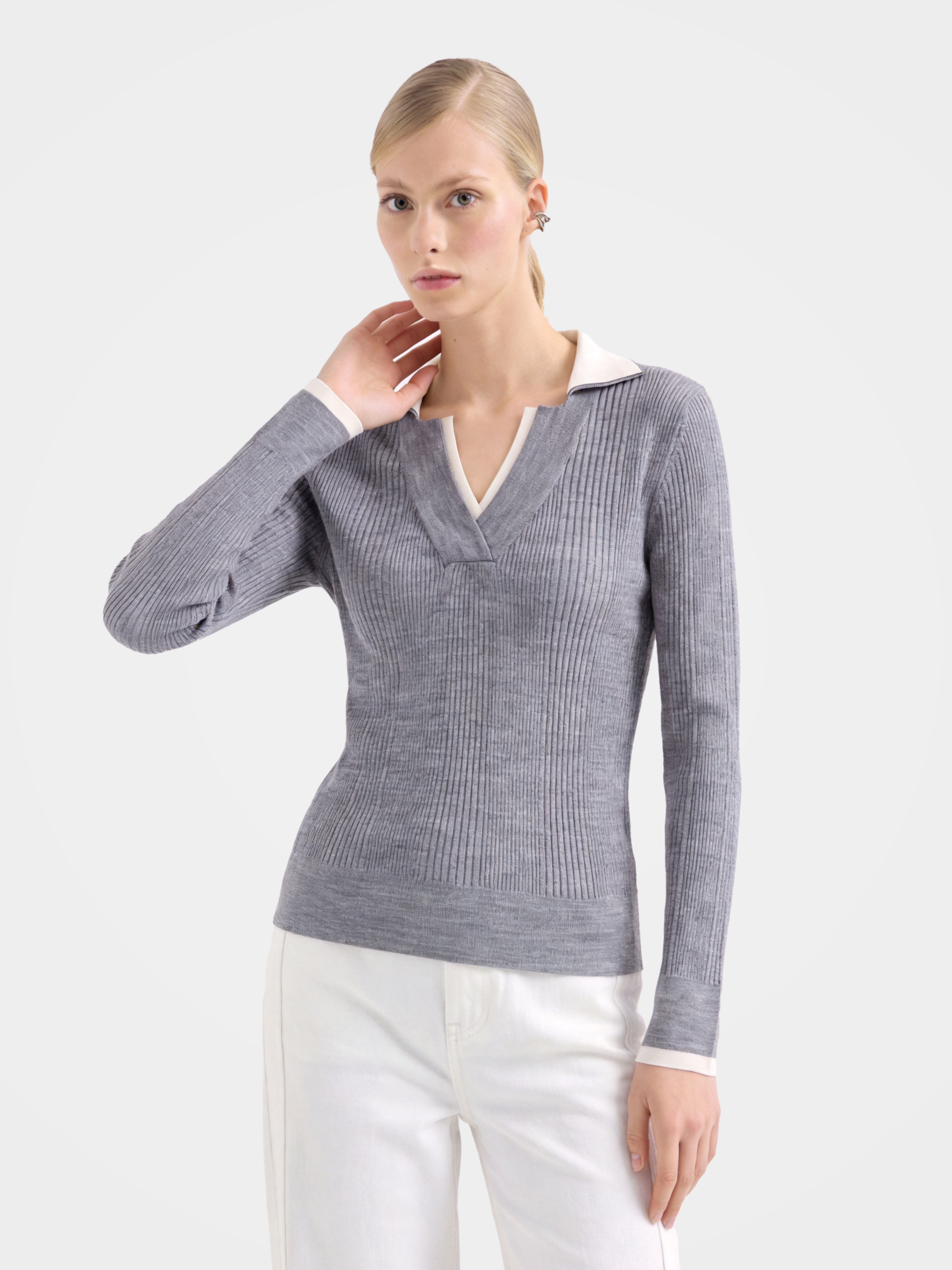 Lightweight Wool V Neck Patchwork Knit Top 
