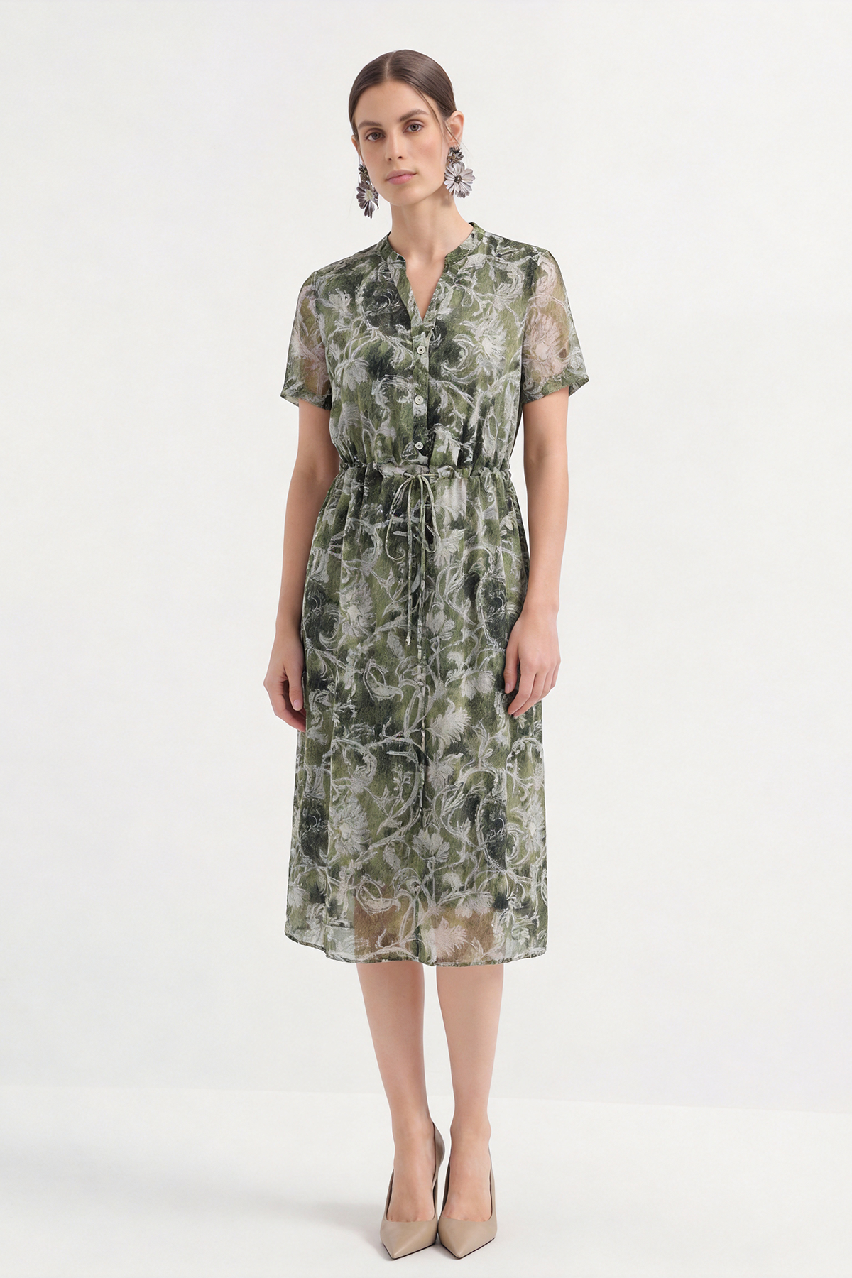 Black Silk Print Mesh Knee-Length Dress