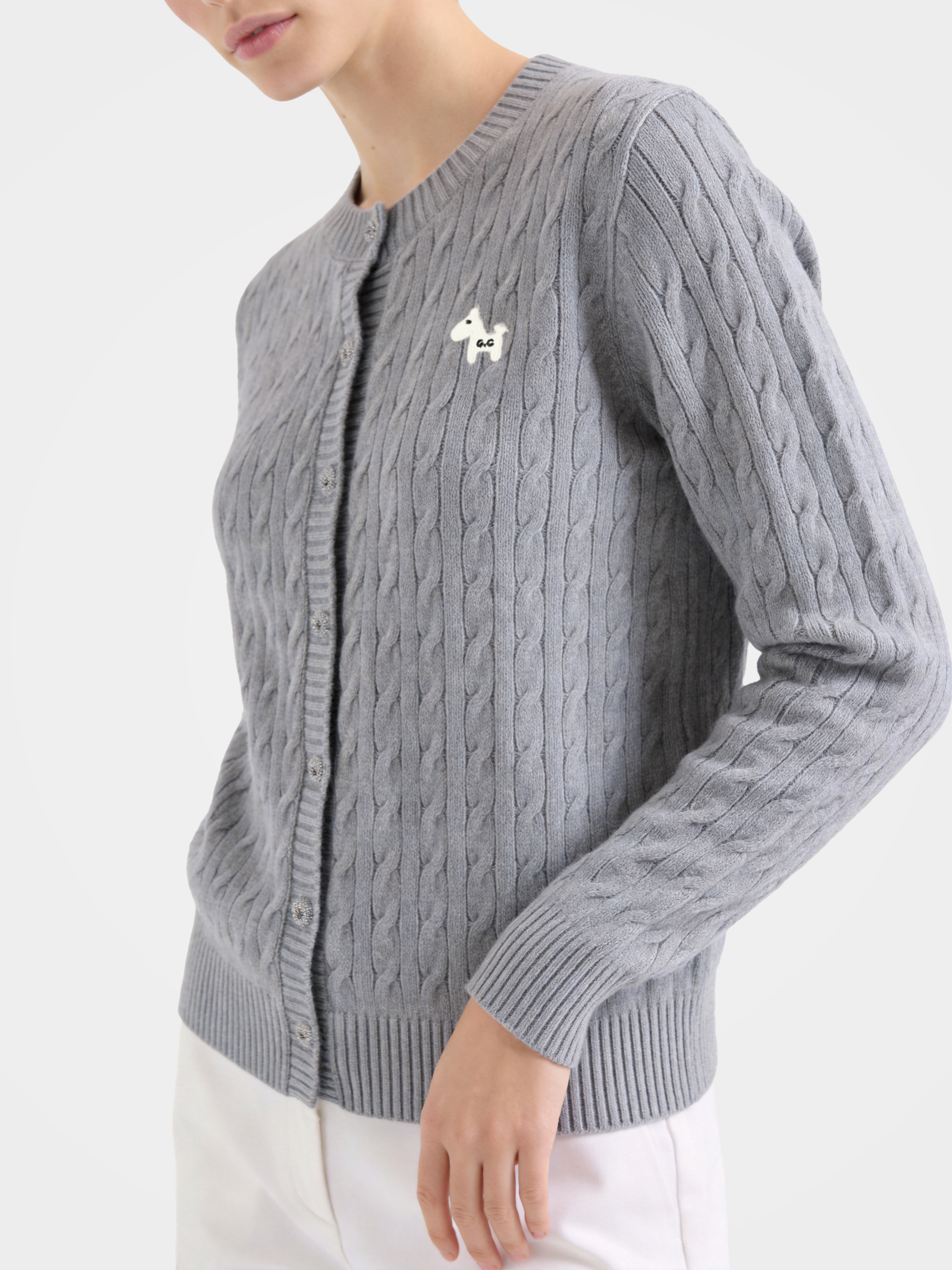 Textured 100% Mongolian Cashmere Crew Neck Cable Knit Cardigan