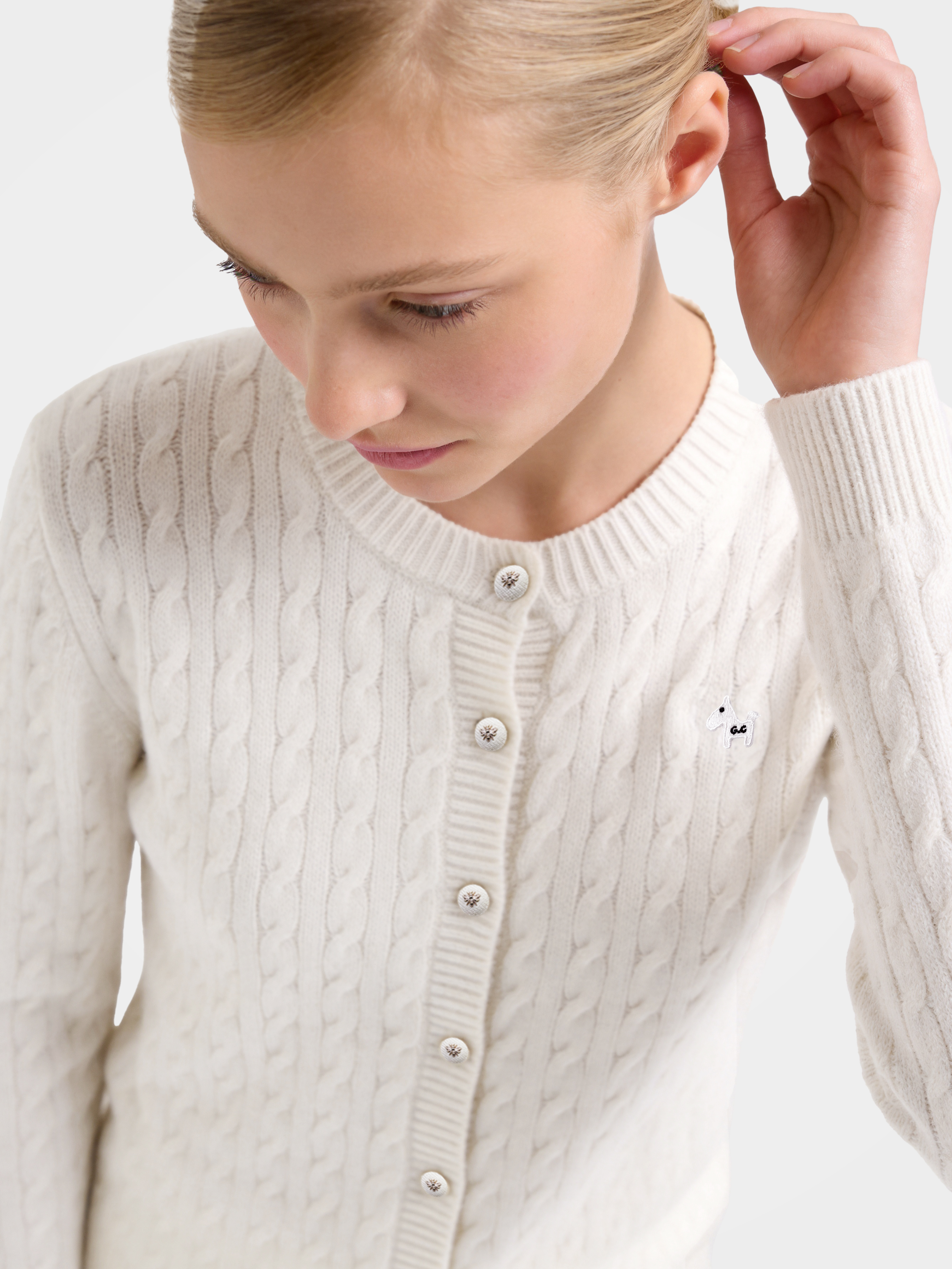 Textured 100% Mongolian Cashmere Crew Neck Cable Knit Cardigan