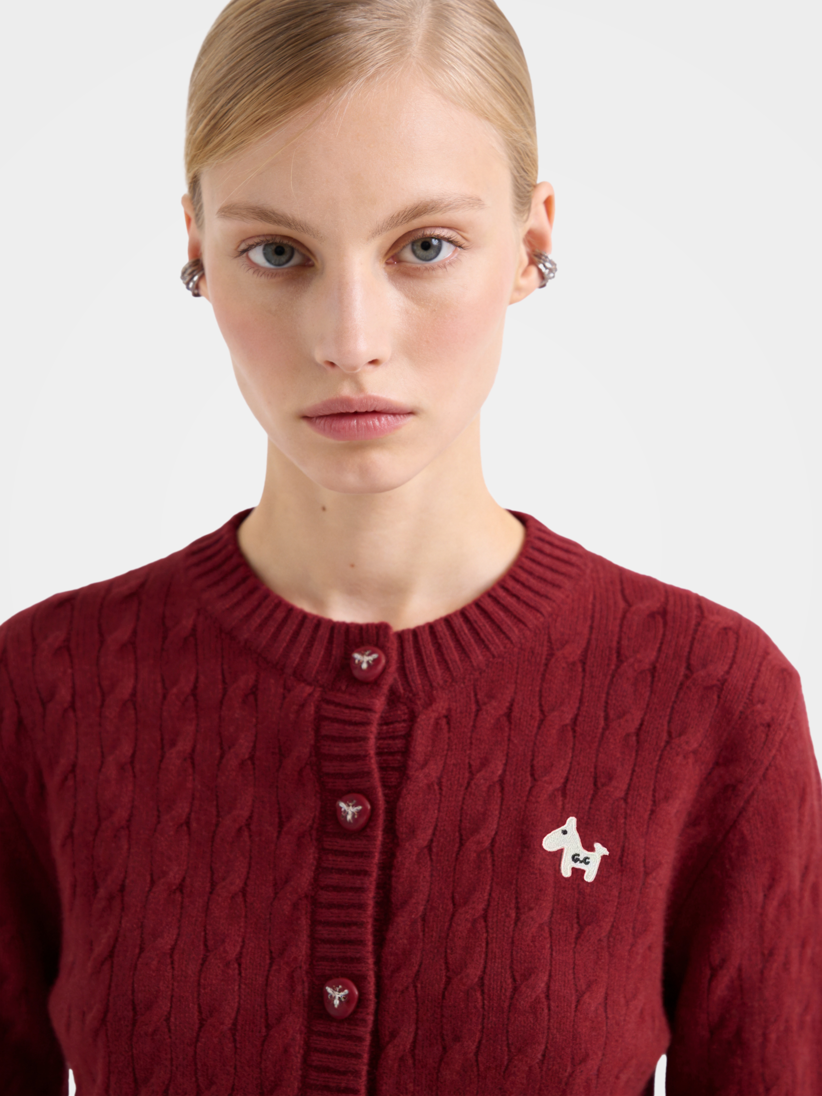 Textured 100% Mongolian Cashmere Crew Neck Cable Knit Cardigan