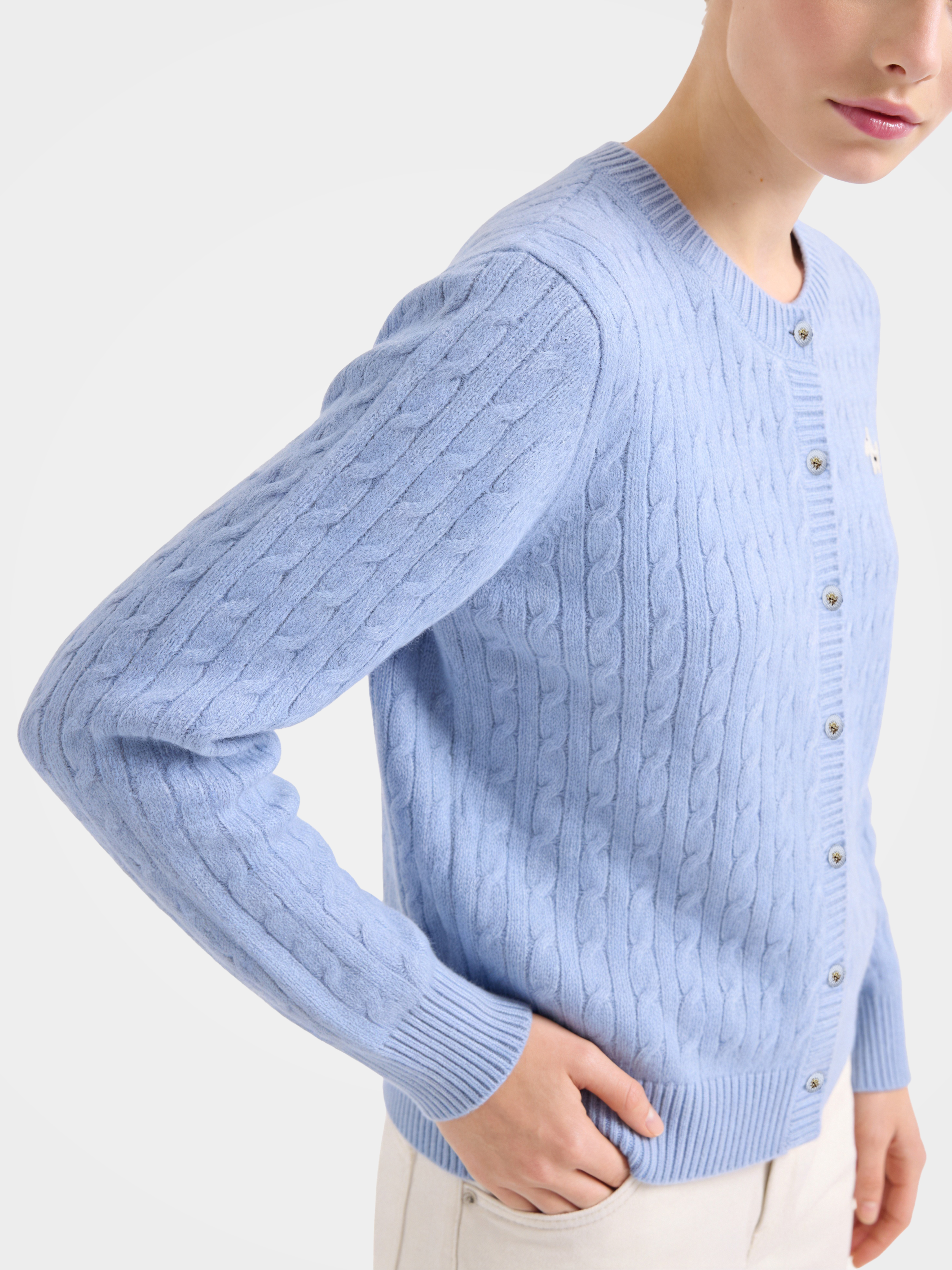 Textured 100% Mongolian Cashmere Crew Neck Cable Knit Cardigan