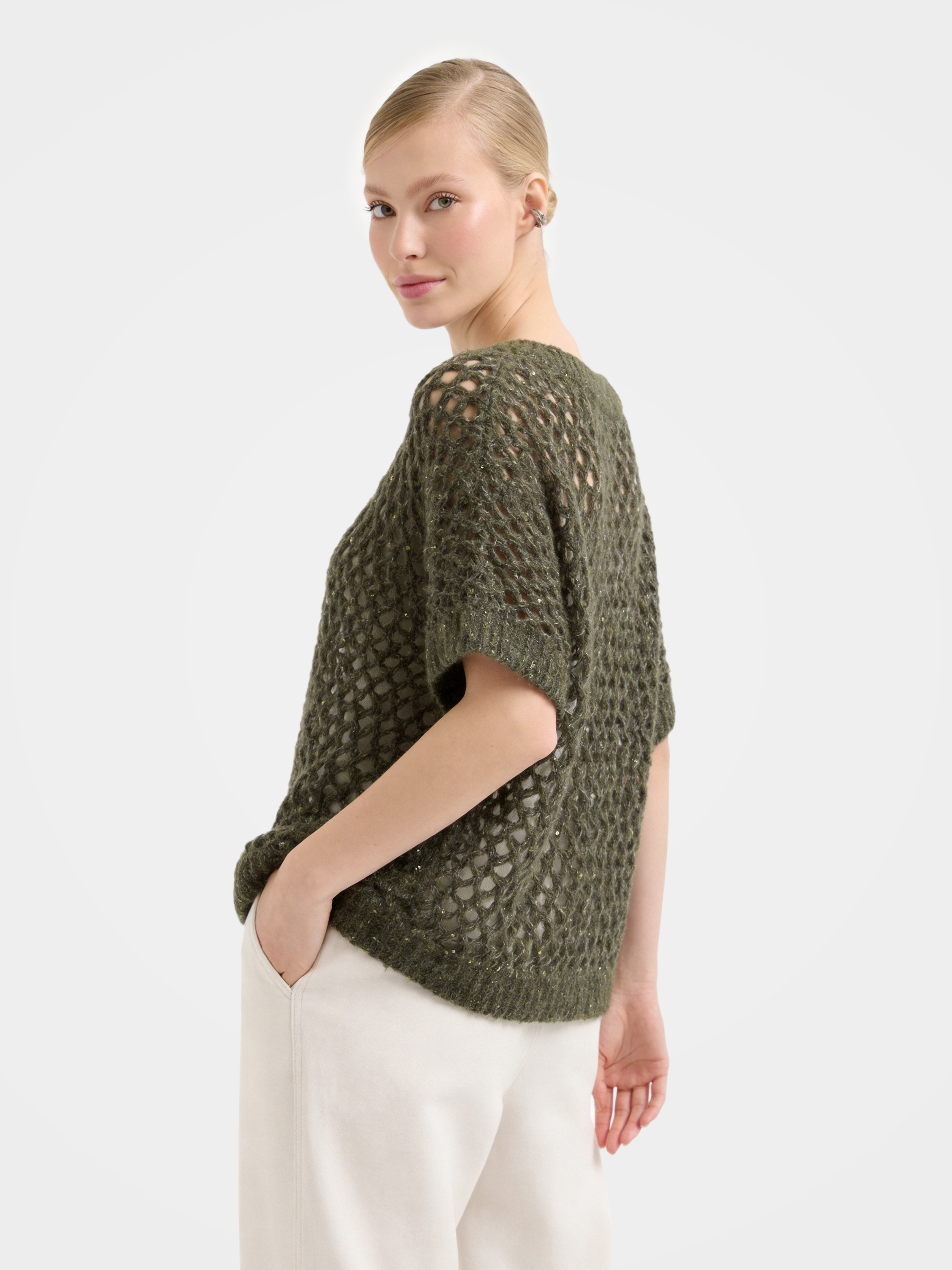 Mongolian Cashmere Silk Openwork Sequin Short Sleeve Top