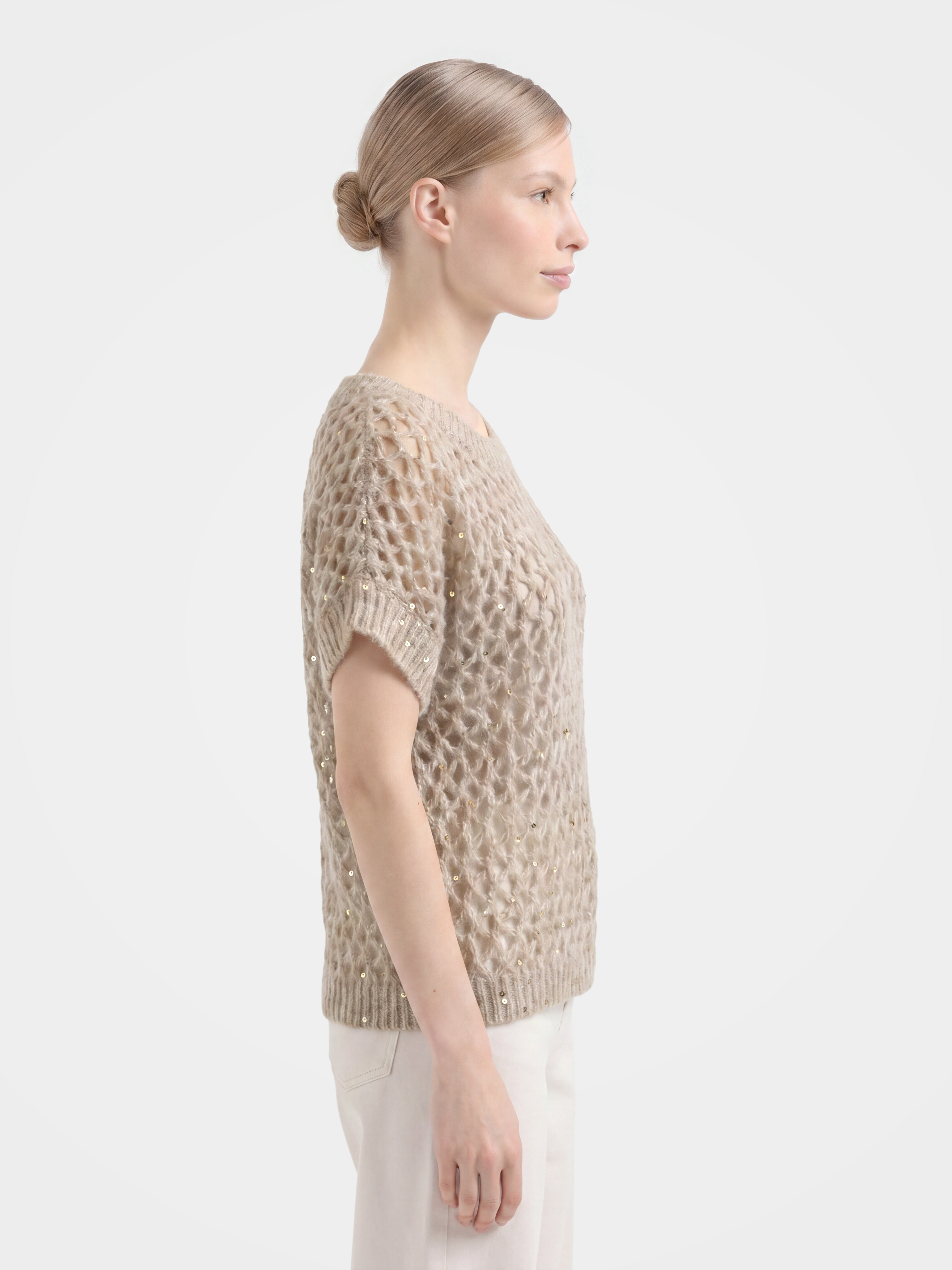 Mongolian Cashmere Silk Openwork Sequin Short Sleeve Top