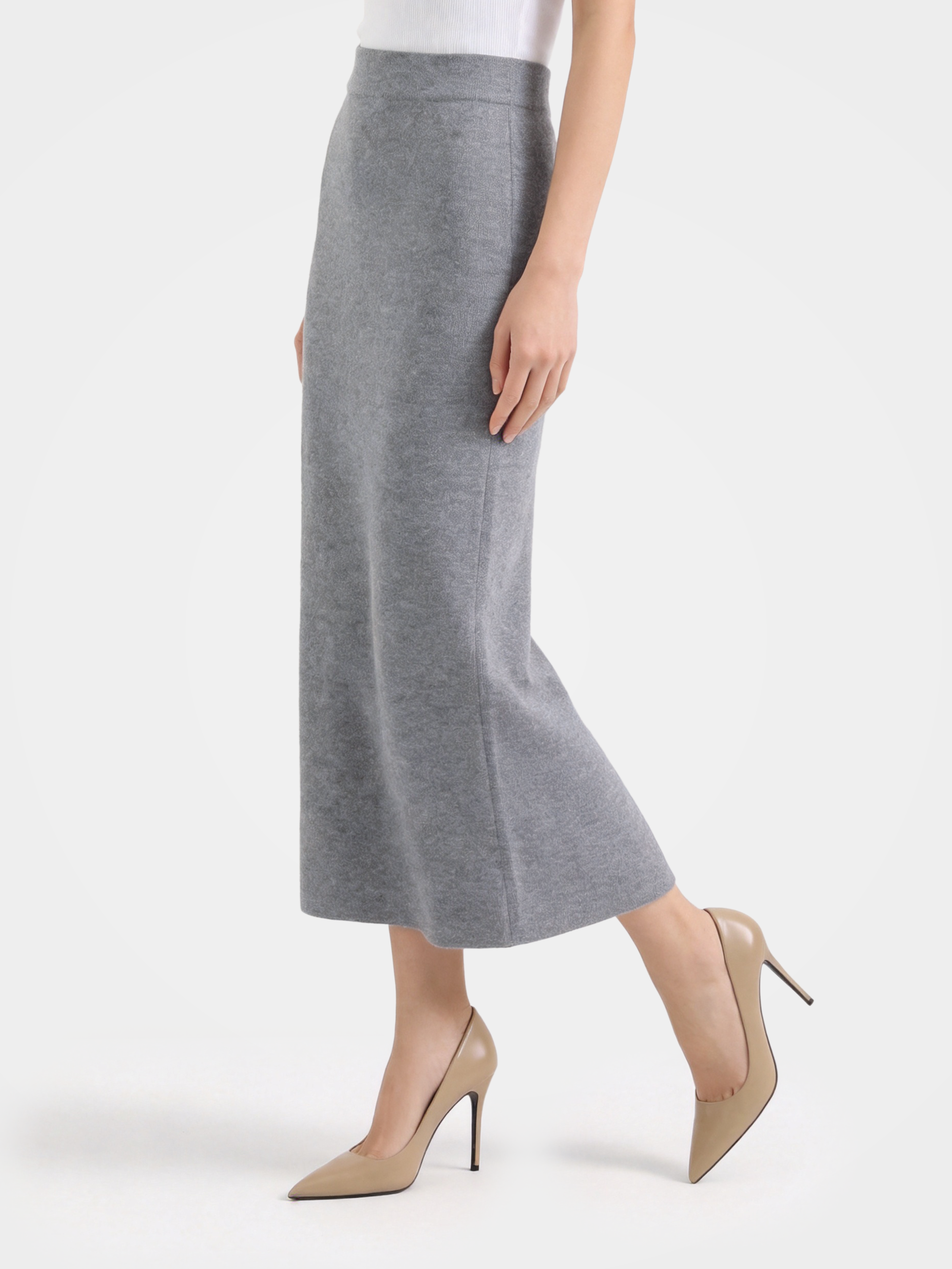 100% Mongolian Cashmere Midi Ribbed Waist Sweater Skirt