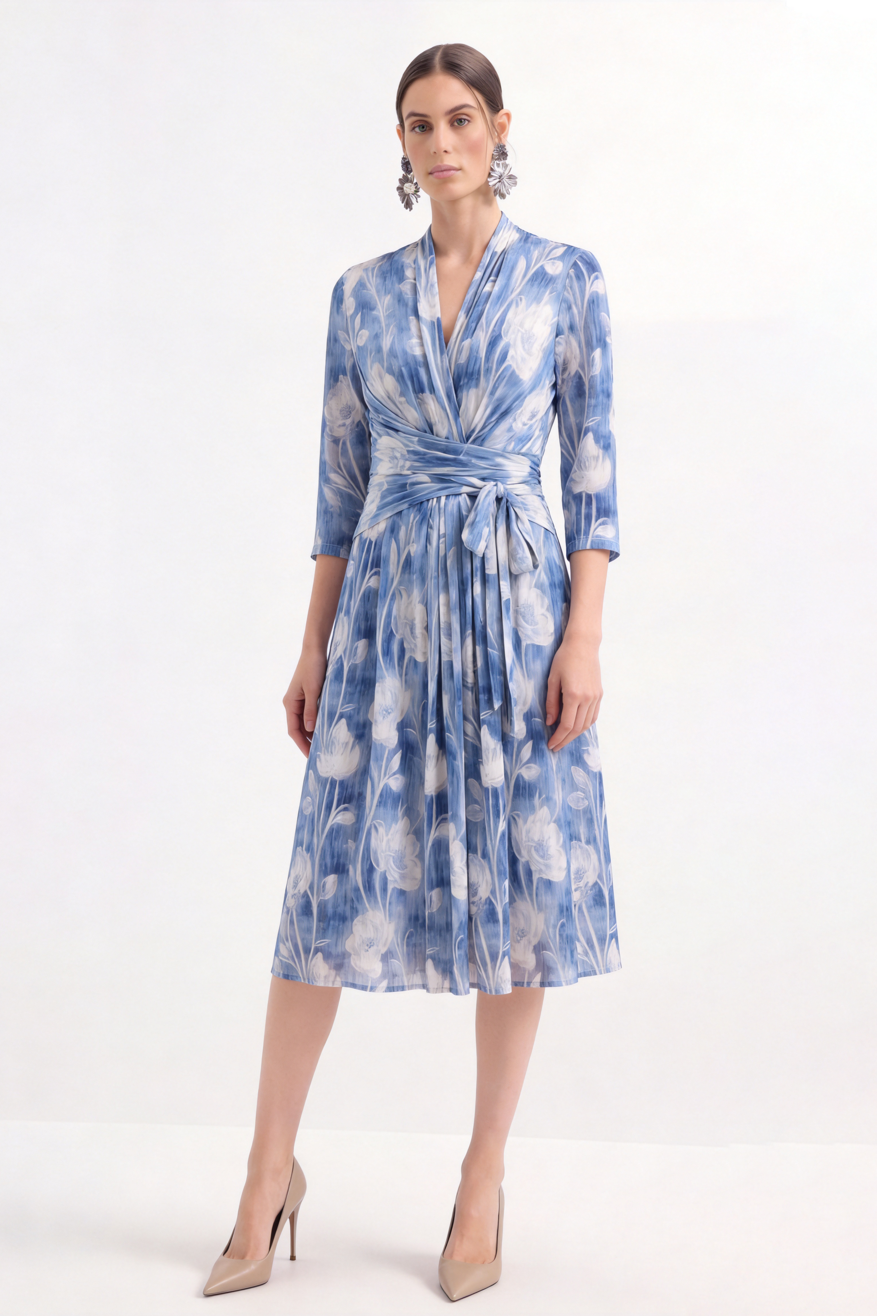 Elegant 100% Mulberry Silk Floral Midi Dress