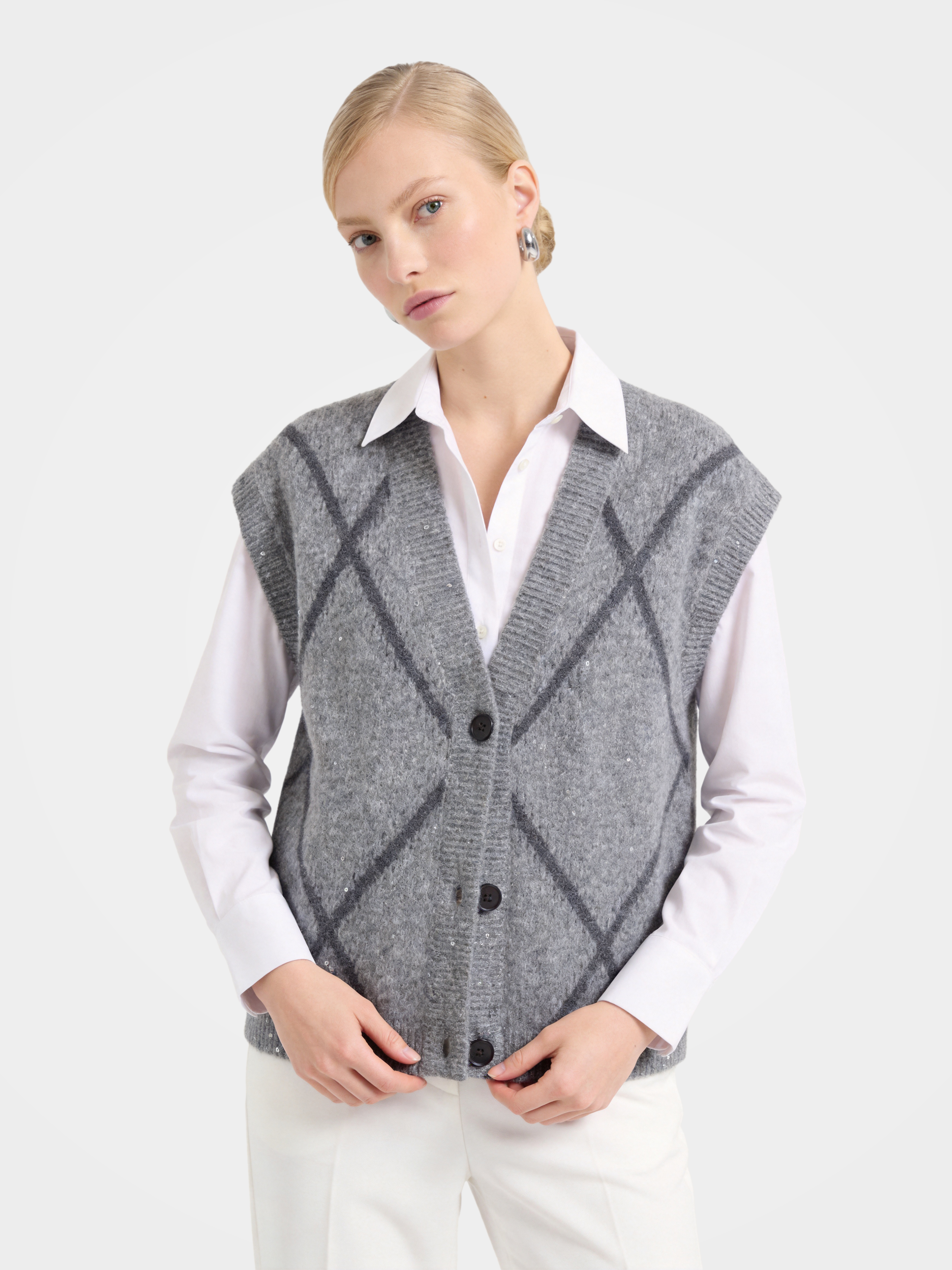 Textured Mongolian Cashmere Button Knit Vest Sequin Top