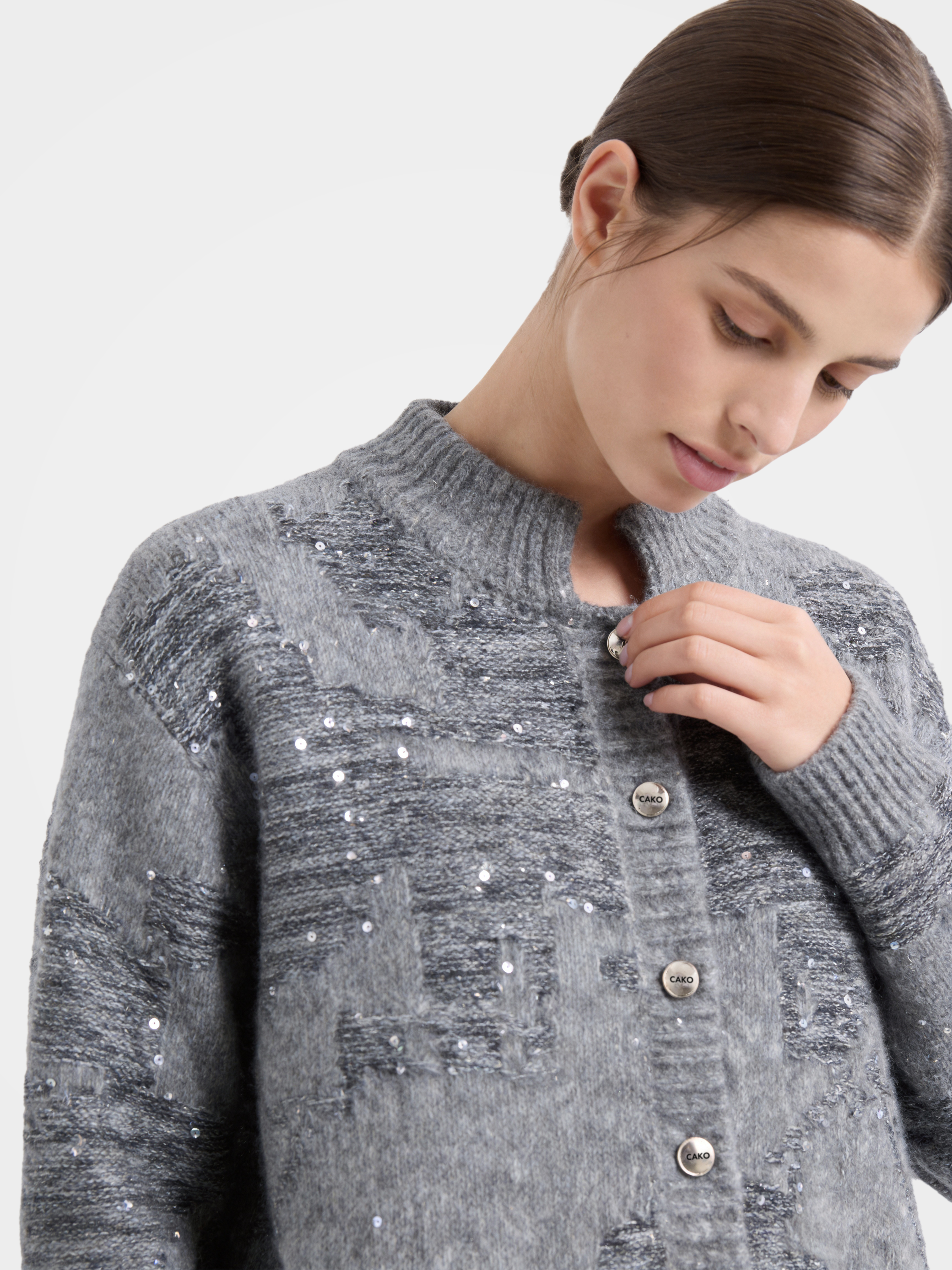 Textured Mongolian Cashmere Mock Neck Cable Knit Sequin Cardigan