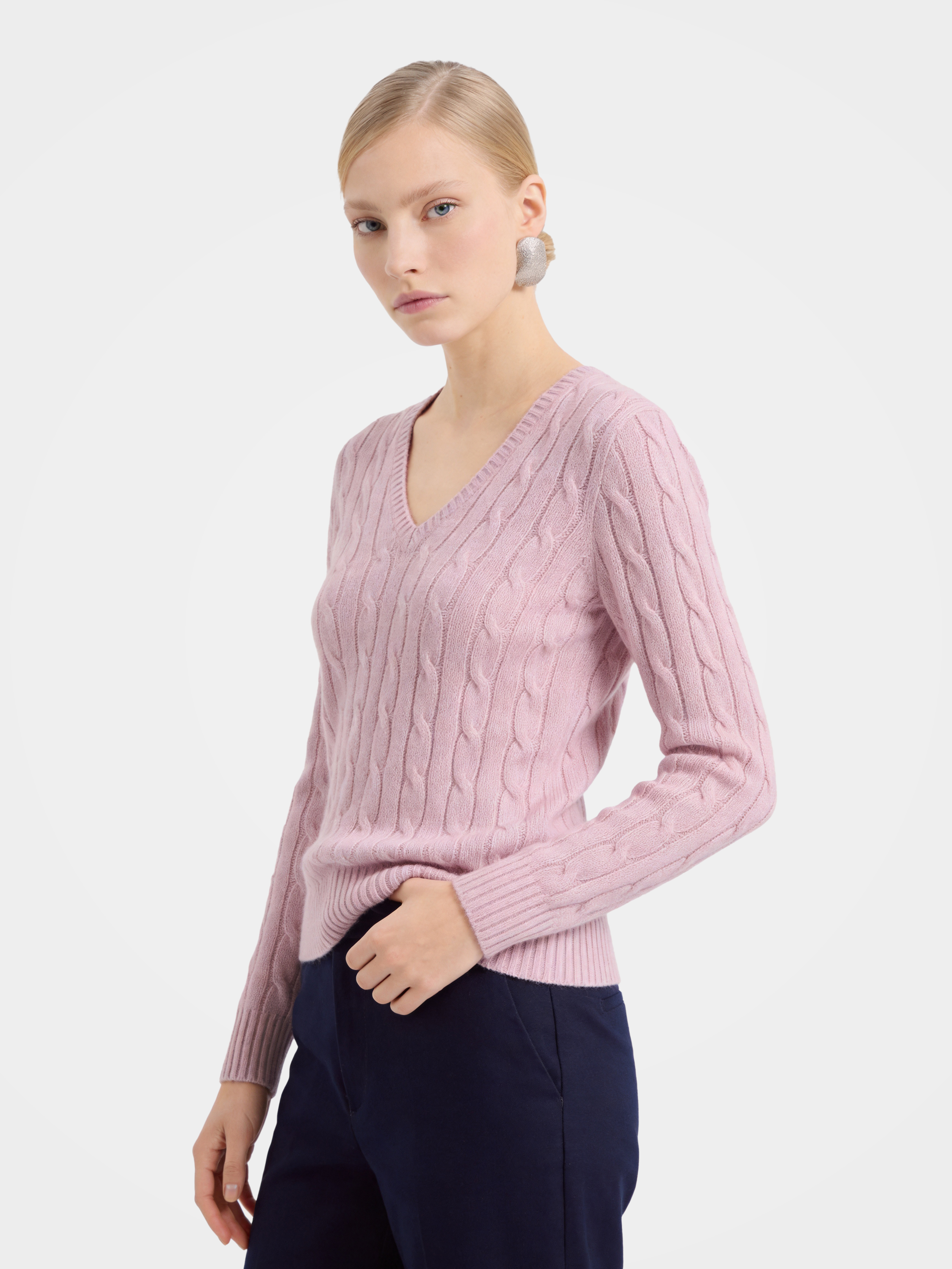 00% Mongolian Cashmere Classic Cable Knit V-Neck Sweater
