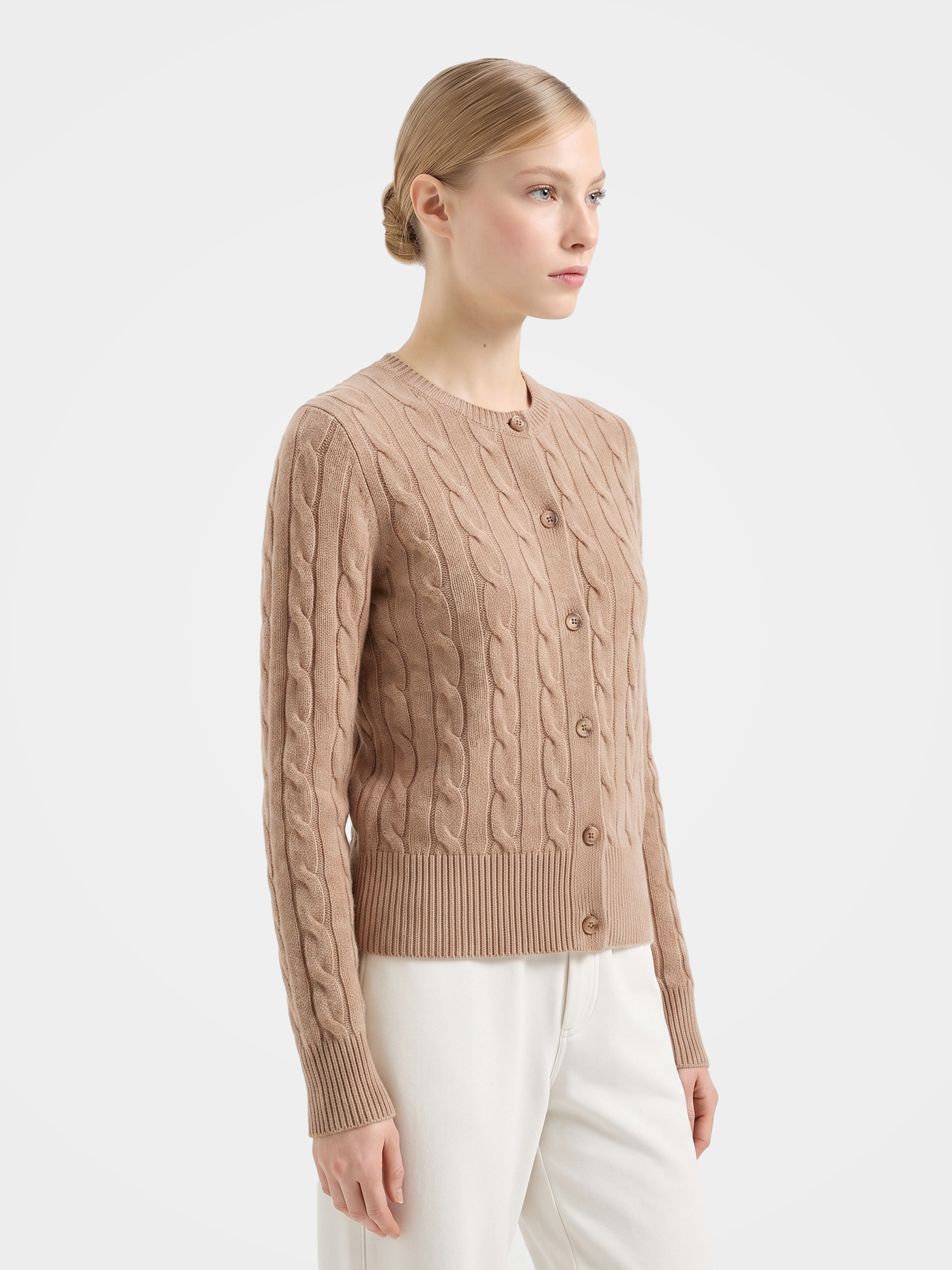 100% Mongolian Cashmere Cable Knit Crew Neck Button Cardigan Sweater