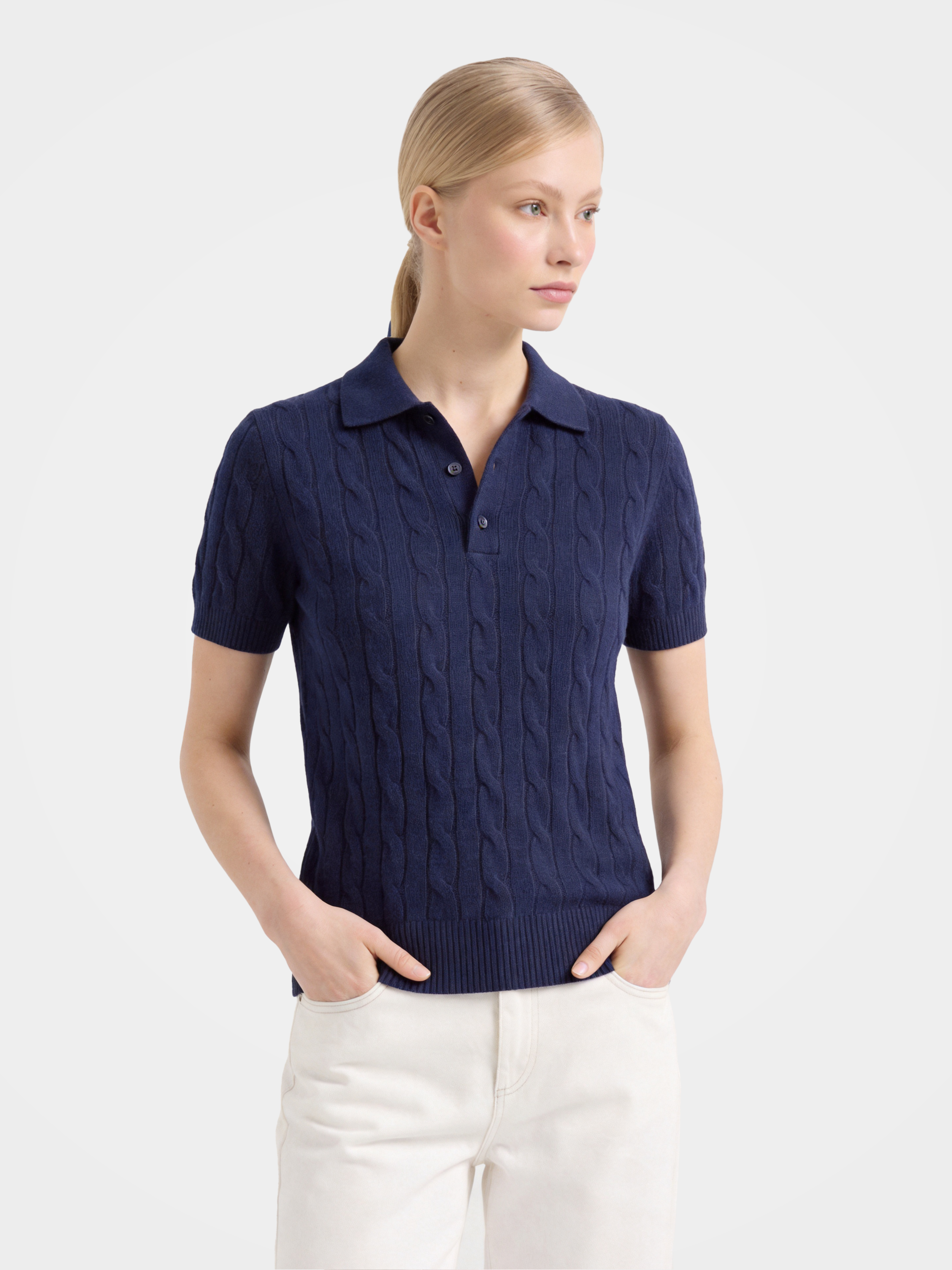 100% Mongolian Cashmere Cable Knit Short Sleeve Polo Sweater