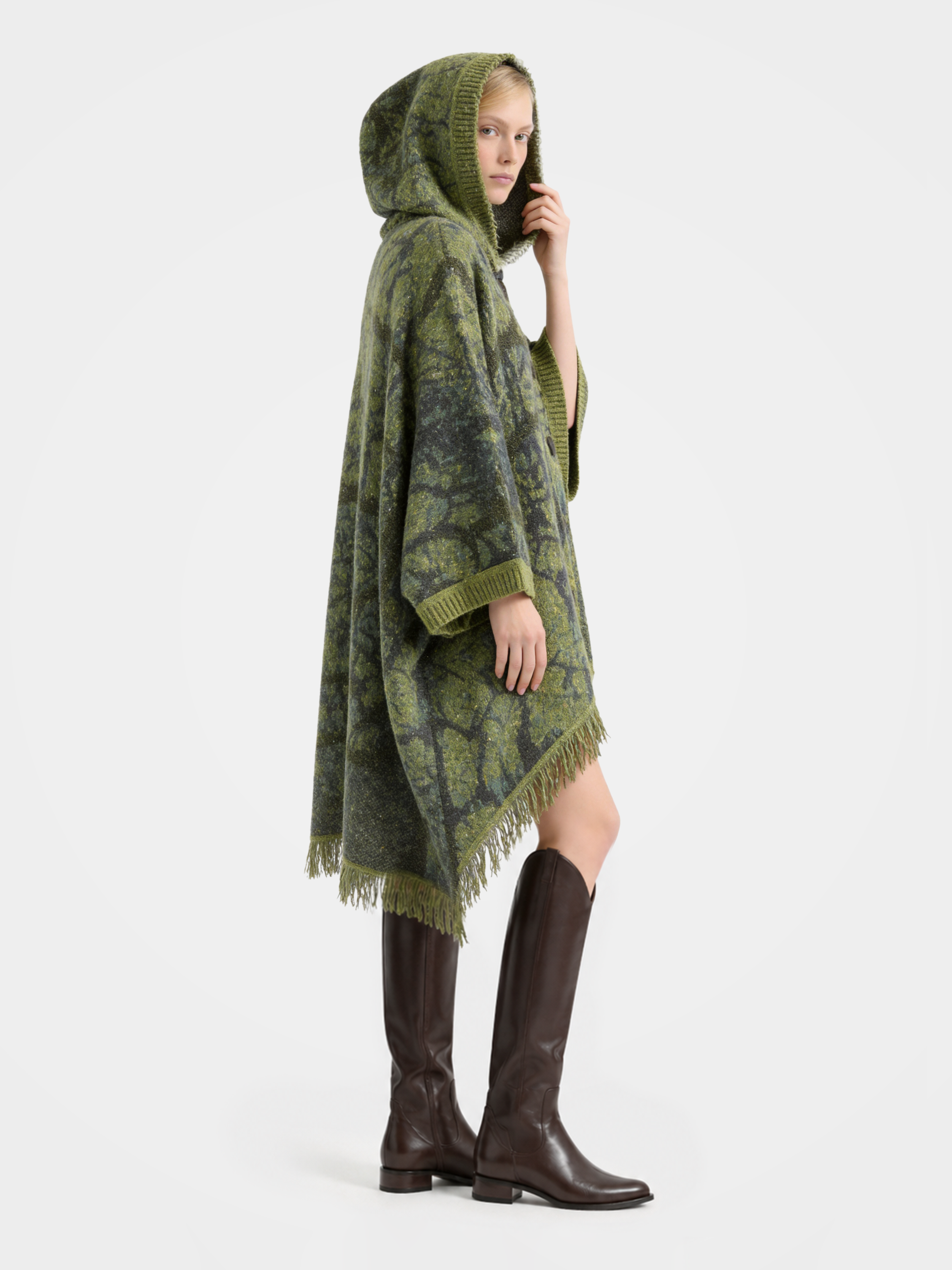 Textured Mongolian Cashmere Hoodie Knitted Fringe Sequin Poncho
