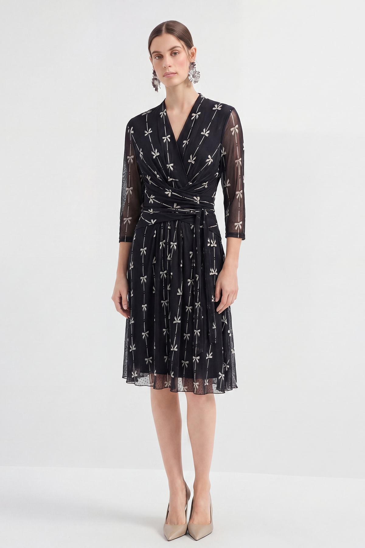 Black Silk Print Mesh Knee-Length Dress
