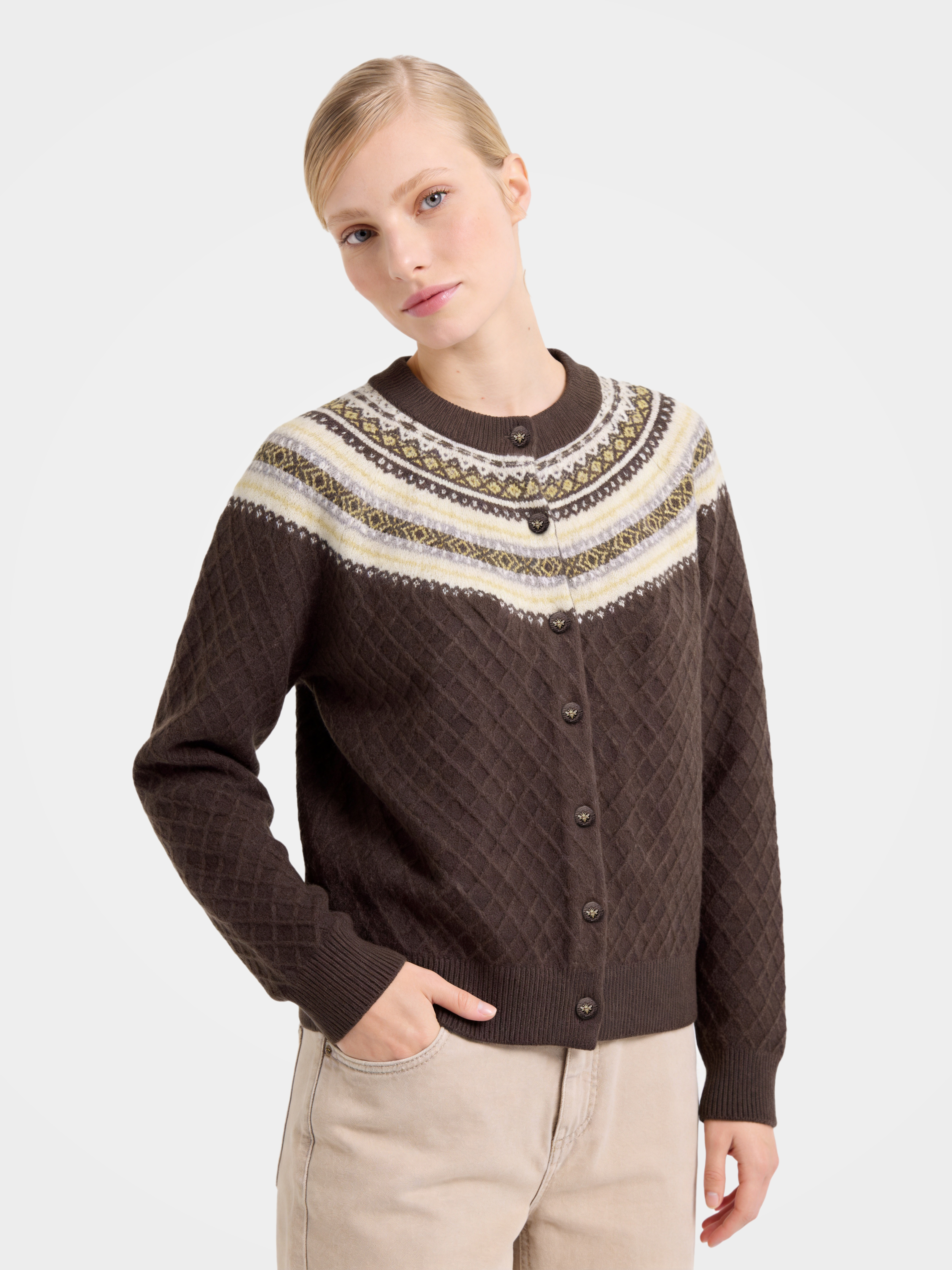 Pre-Order | 100% Cashmere Crew Neck Cardigan Sweater Diamond Knitwear (10-14 Business Days)