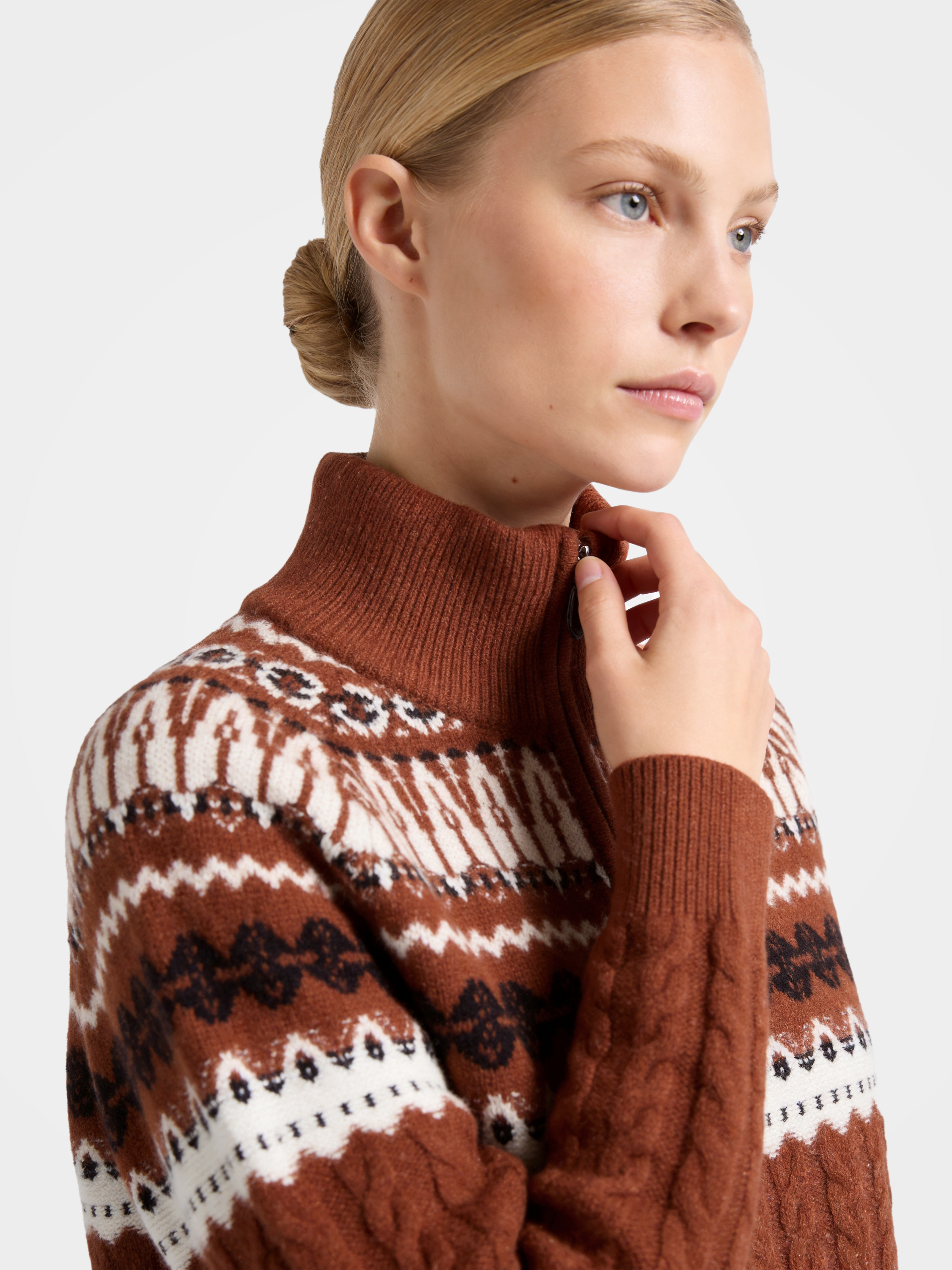 Pre-Order | 100% Cashmere Mock Neck Sweater Zip up Geometry Knit Pullover (10-14 Business Days)