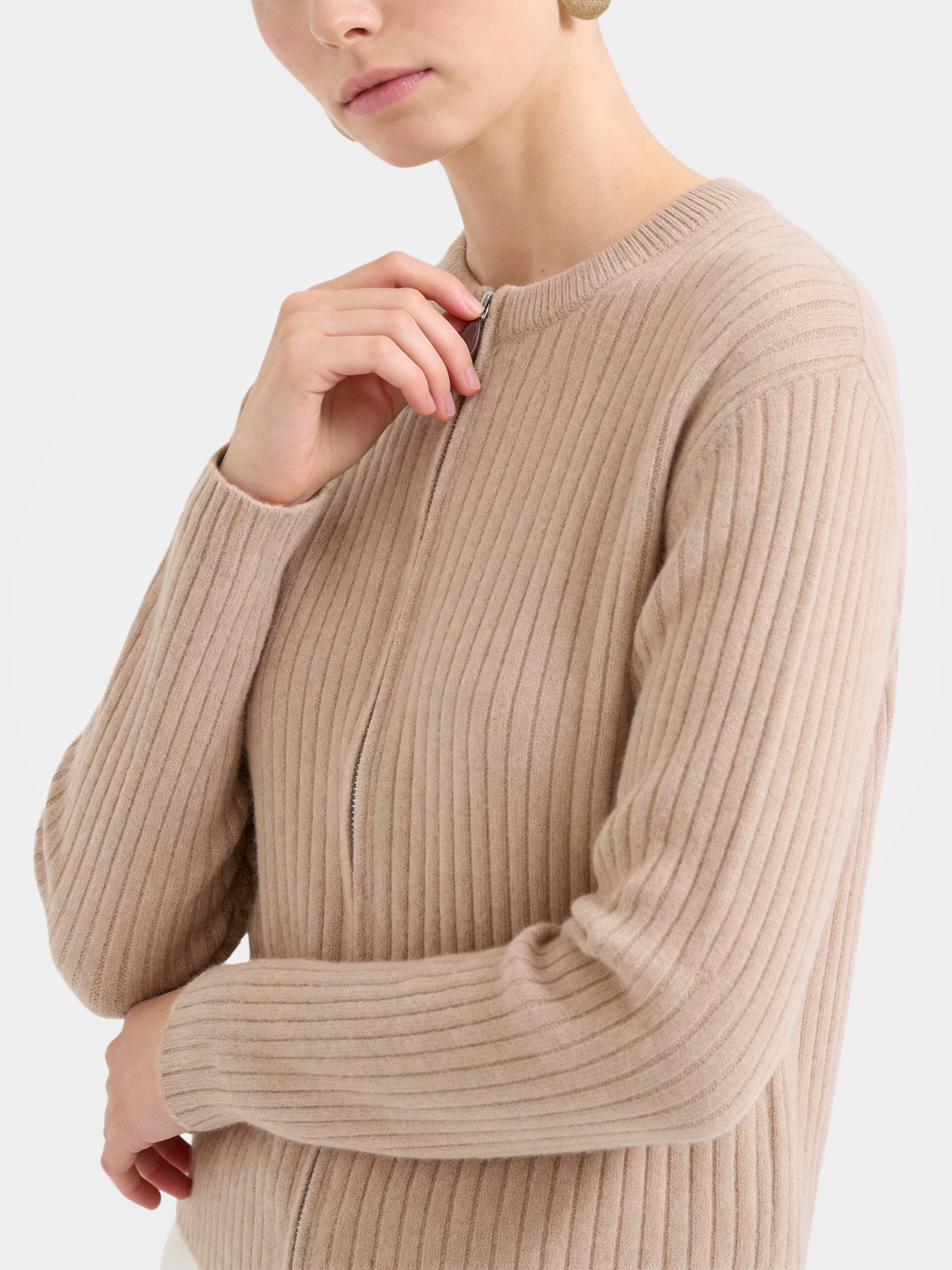 Textured 100% Mongolian Cashmere Knit Zip Cardigan
