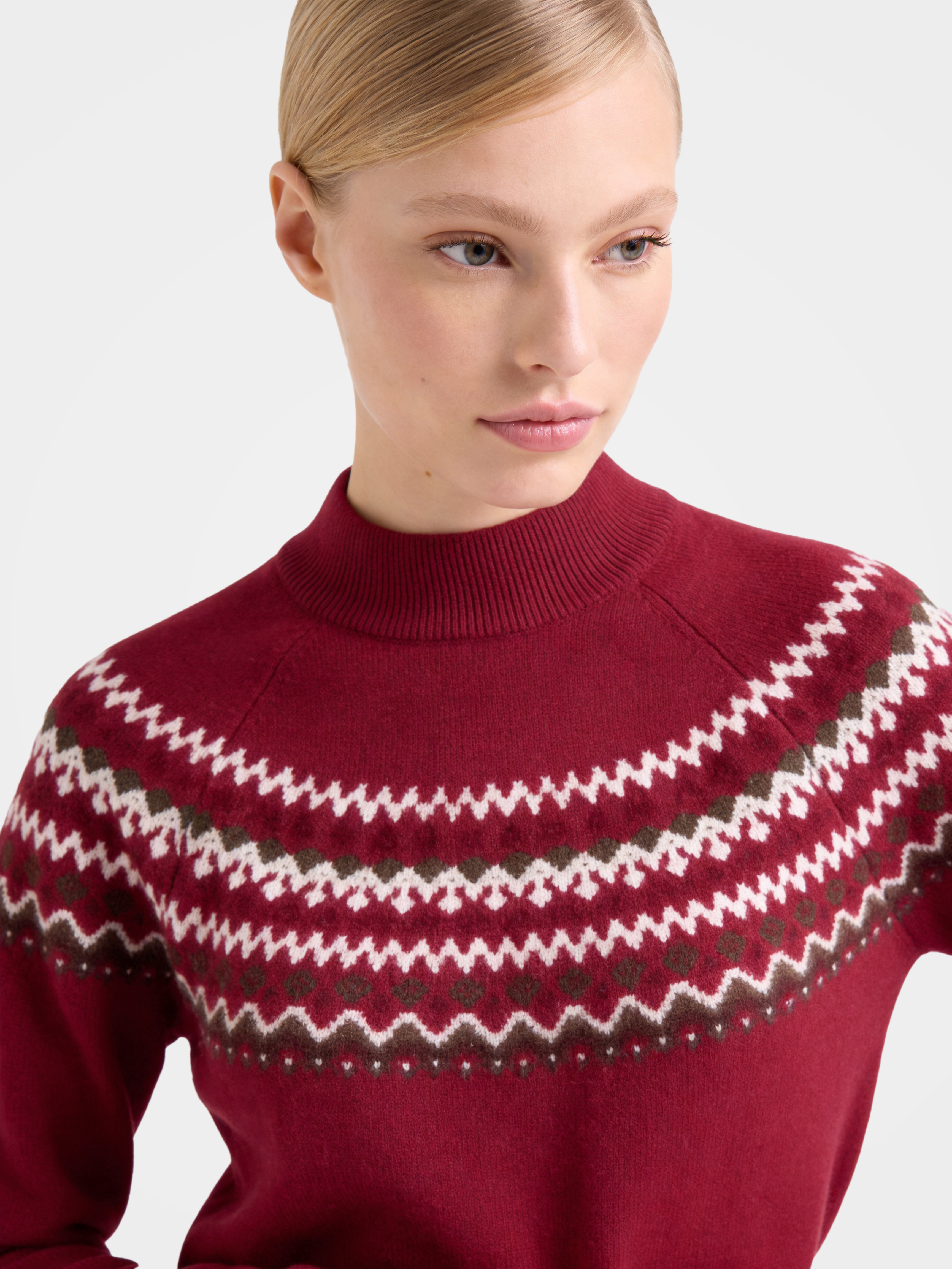 Wool Cashmere Mock Neck Sweater Soft Fair Isle Diamond Knit Pullover