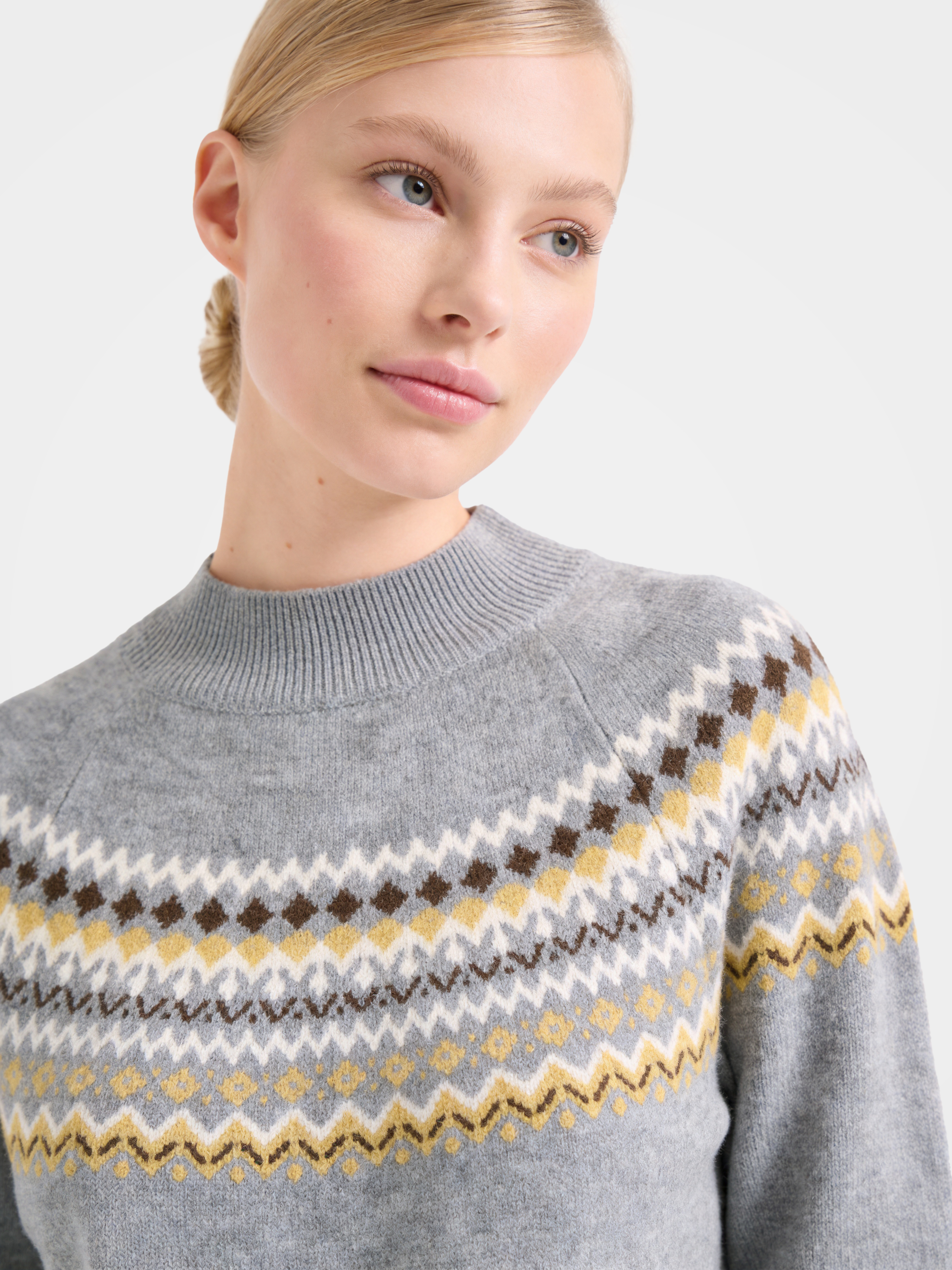 Wool Cashmere Mock Neck Sweater Soft Fair Isle Diamond Knit Pullover