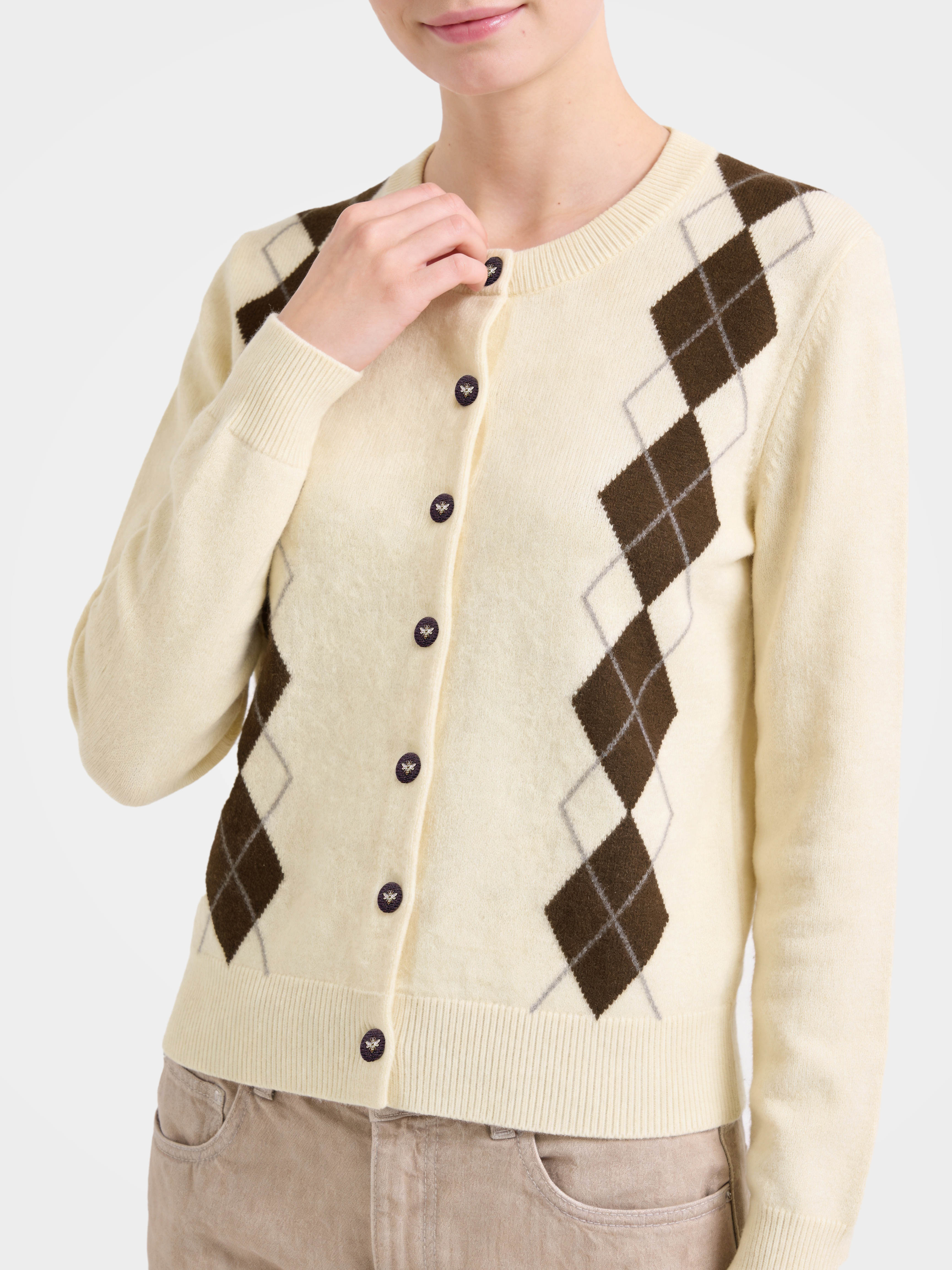 100% Cashmere Crew Neck Soft Knit Argyle Cardigan