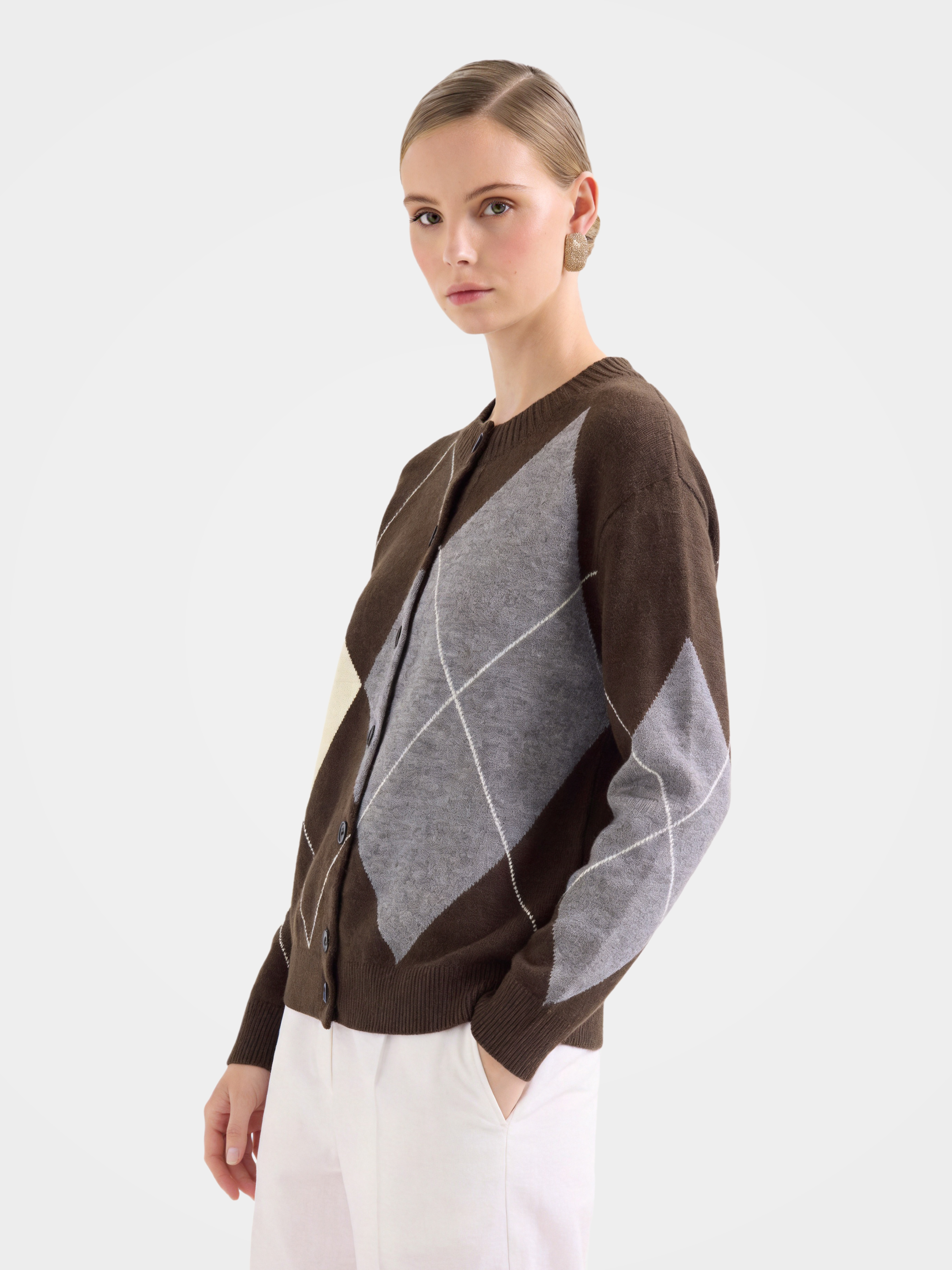 100% Cashmere Crew Neck Oversized Argyle Button Cardigan