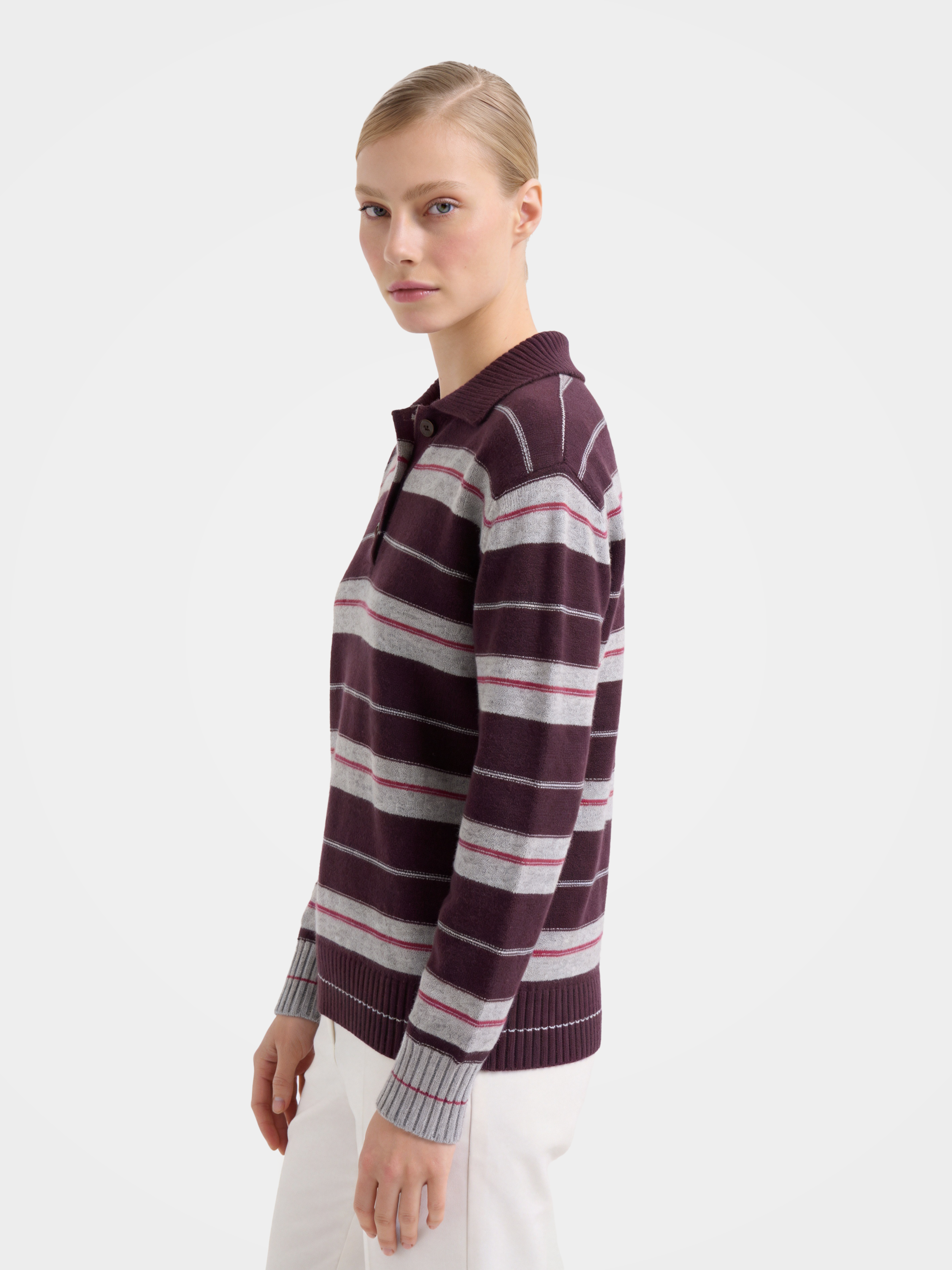 100% Cashmere Striped Polo Collar Knit Sweater