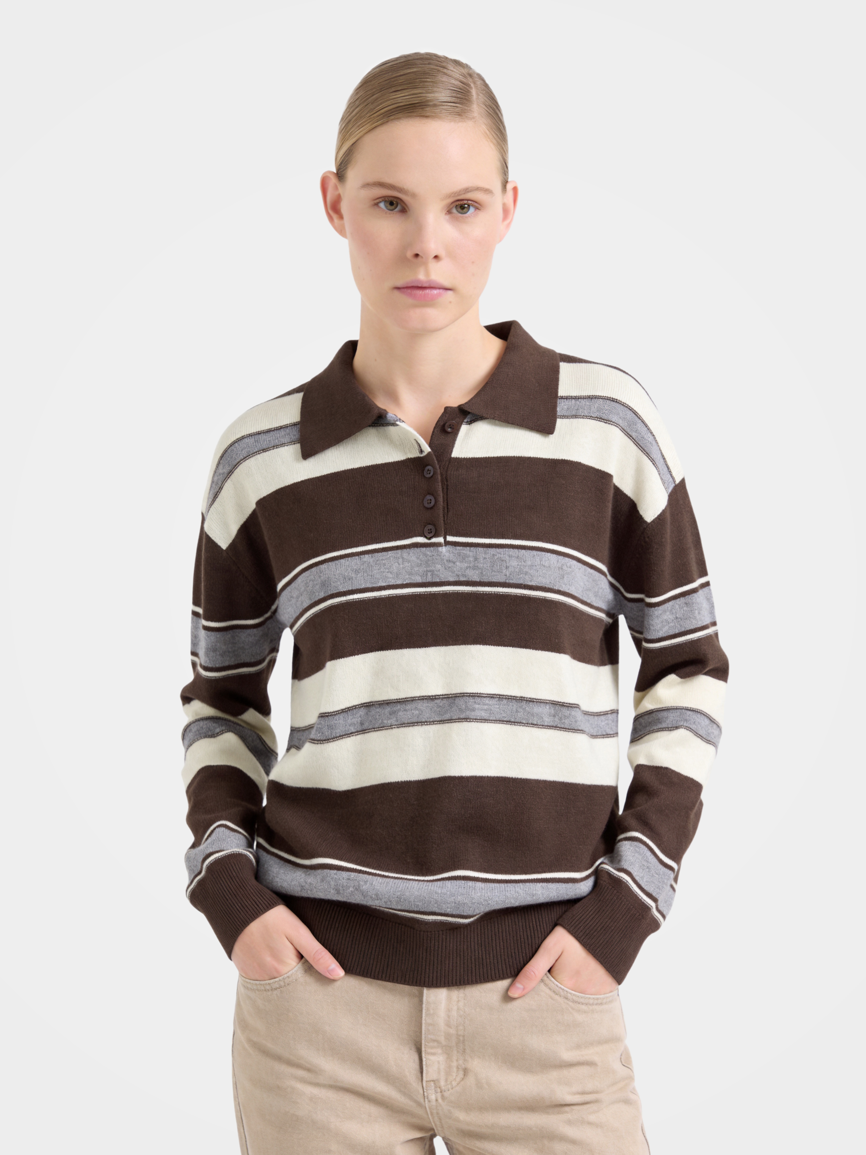 100% Cashmere Striped Polo Collar Long Sleeve Knit Sweater
