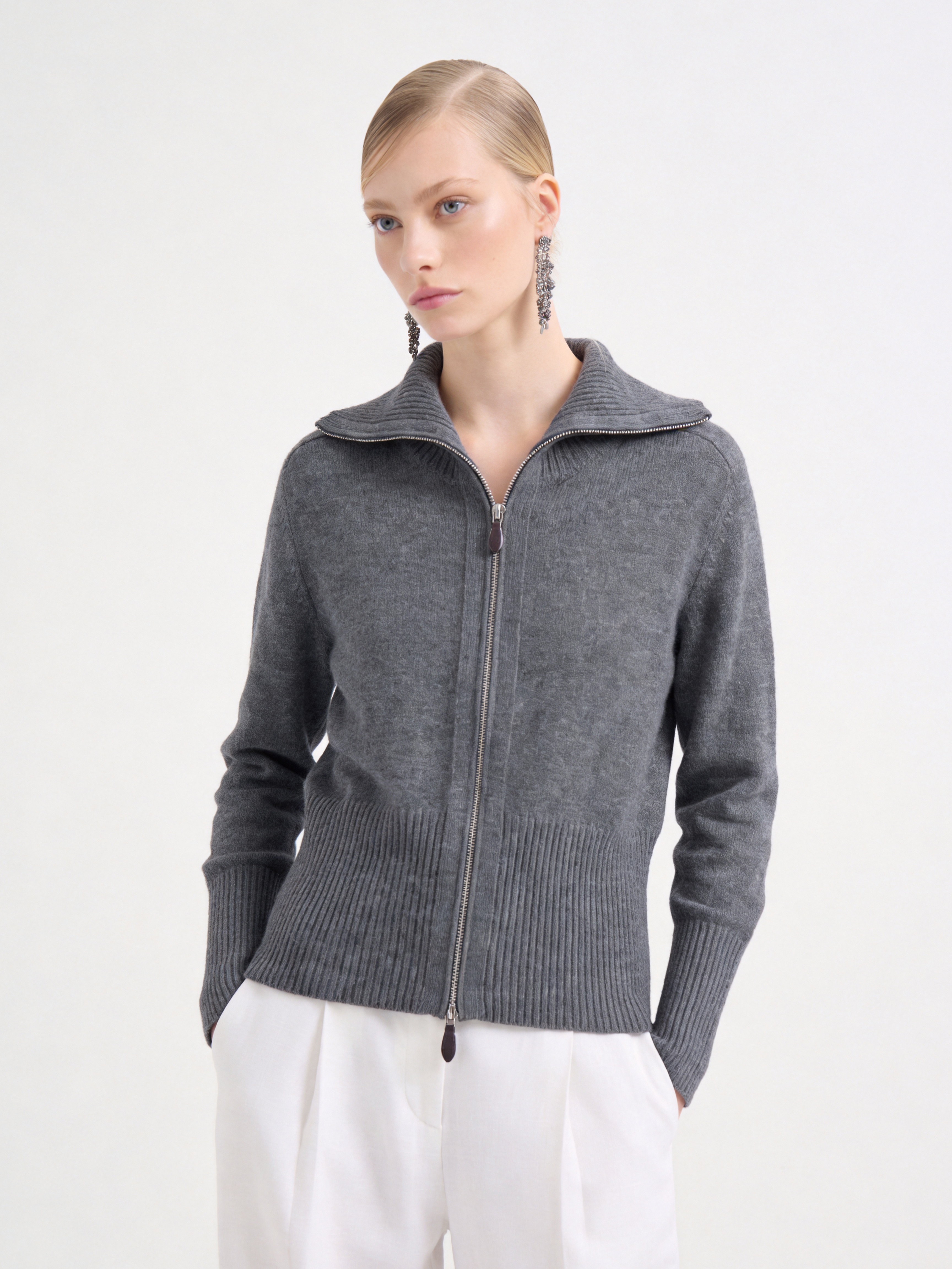 Soft 100% Cashmere Zip Ribbed Knit Cardigan
