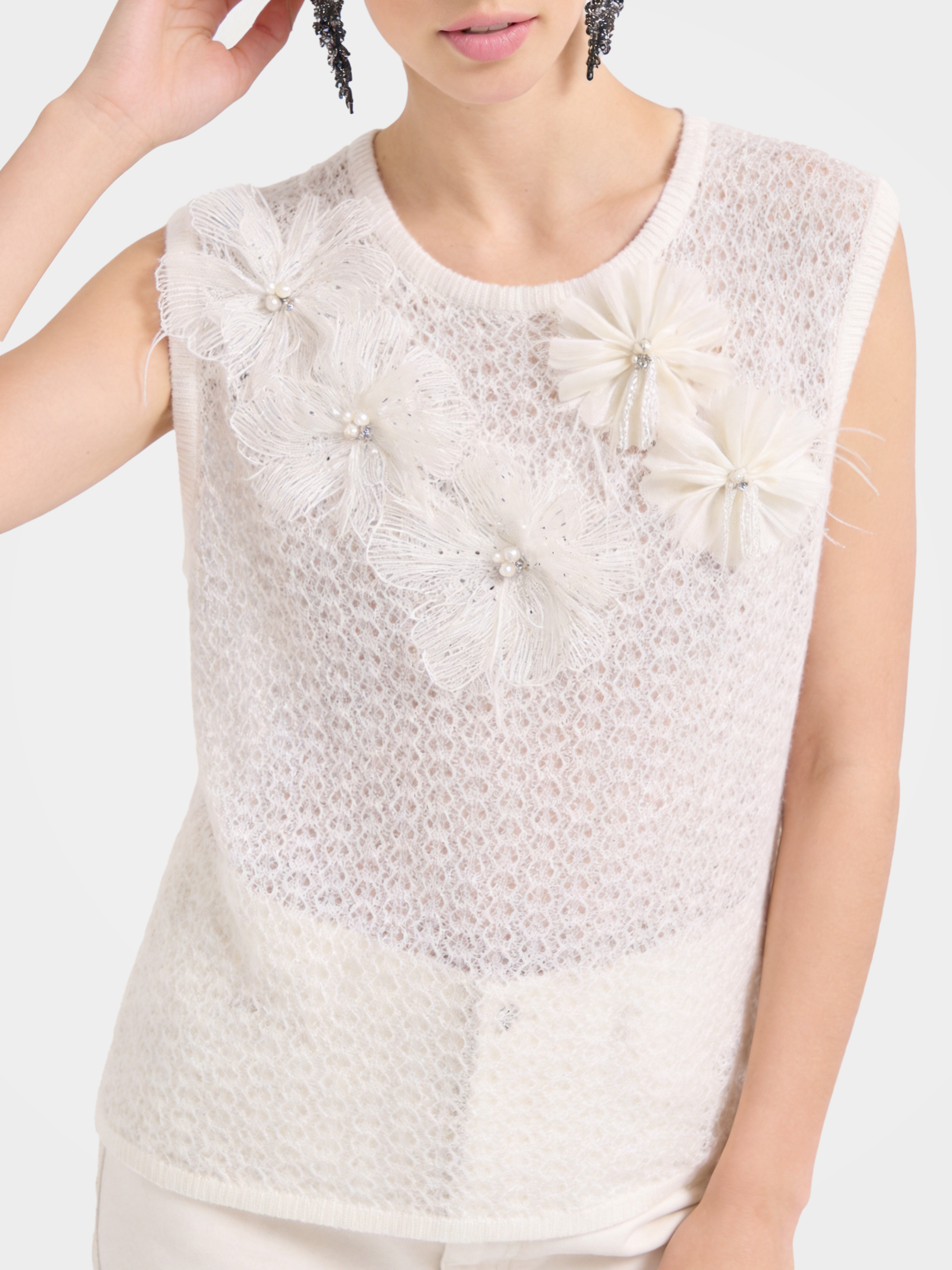 Textured Mongolian Cashmere 3D Floral Knit Vest Sequin Top