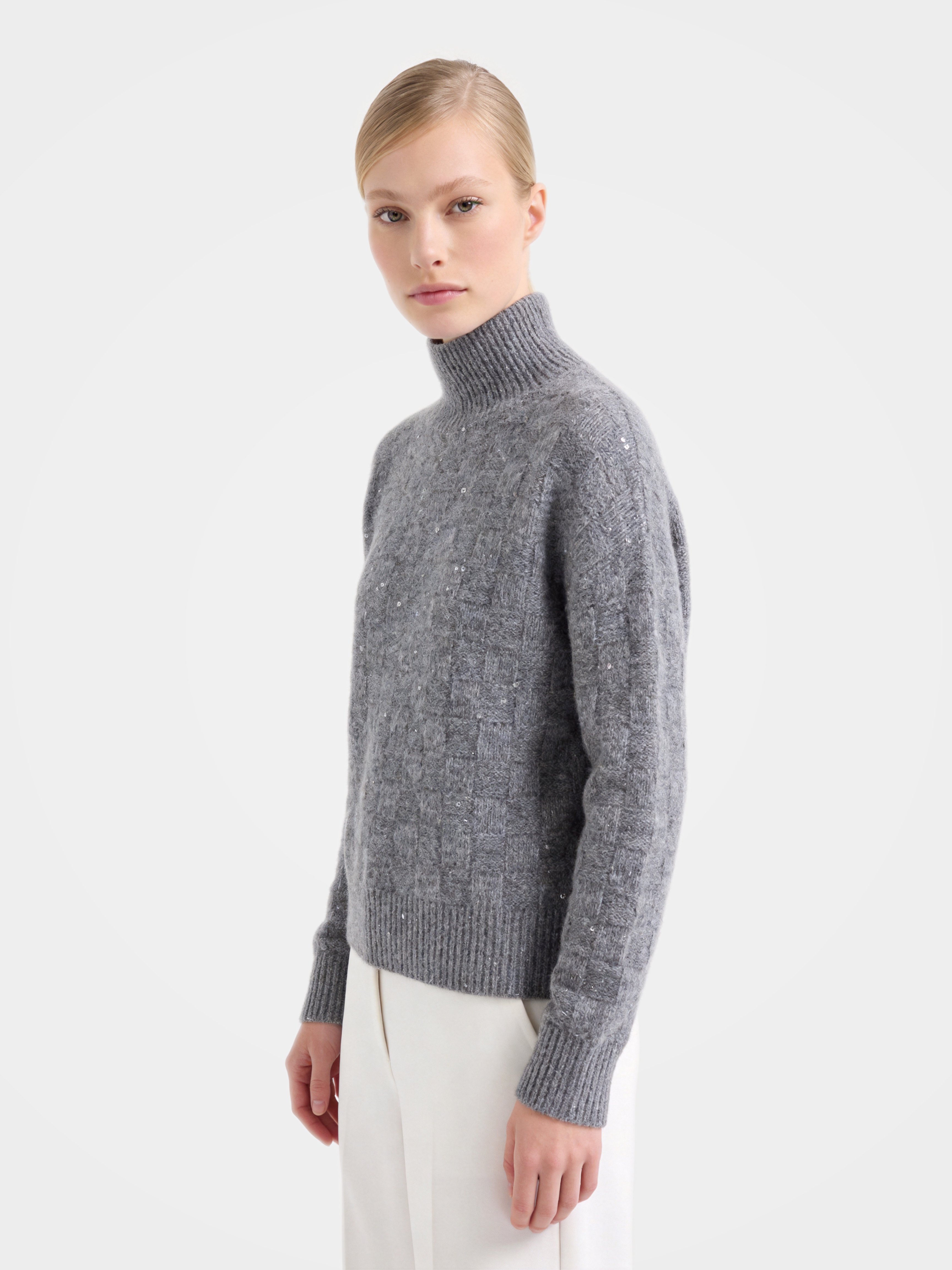 Cashmere Mock Neck Sweater Diamond Soft Sequin Knit 