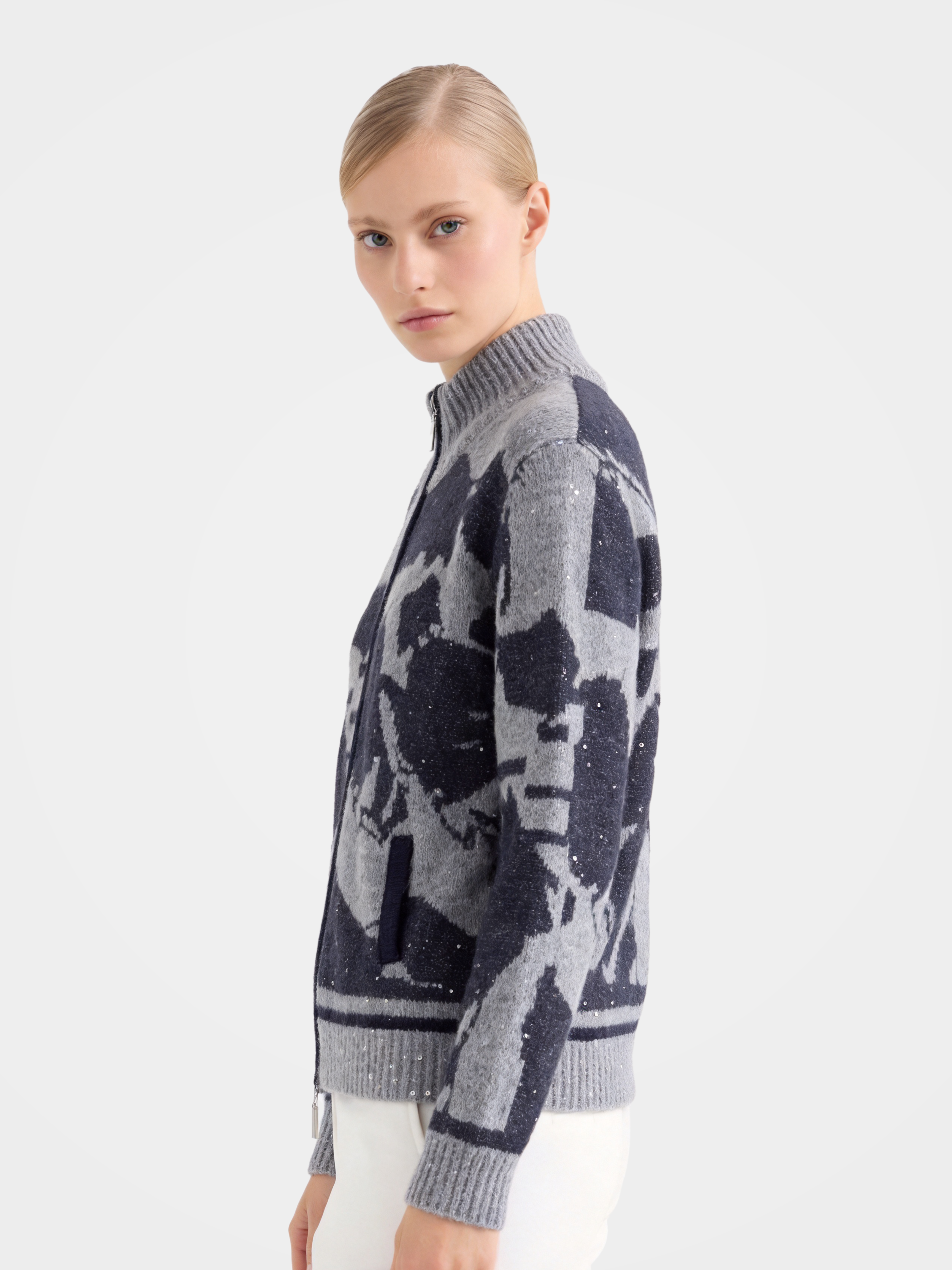 Soft Cashmere Zip Ribbed Jacquard Cardigan Sequin Knit 