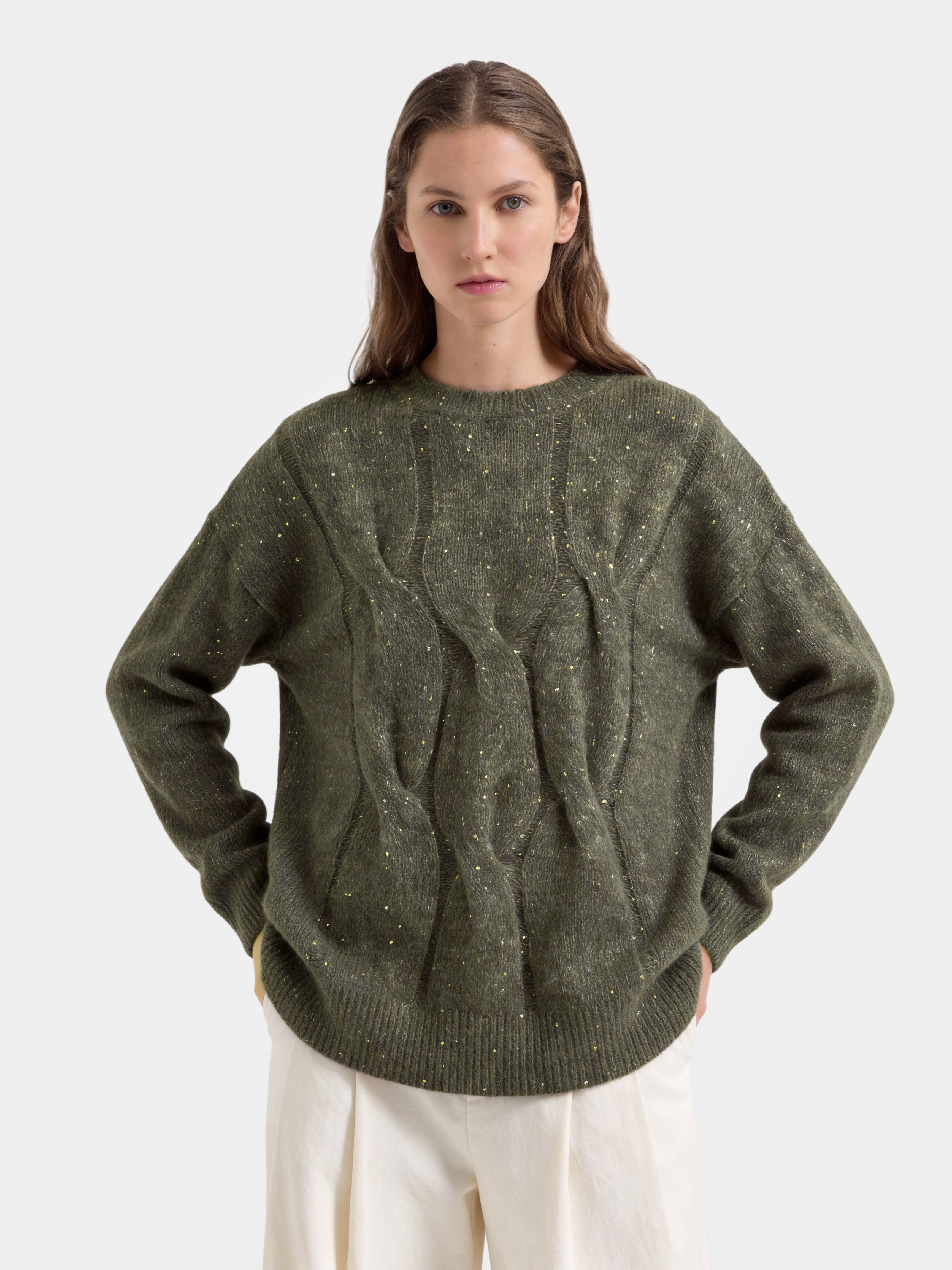  Pure Cashmere Heritage Cable Knit Crew Neck Sequin Sweater
